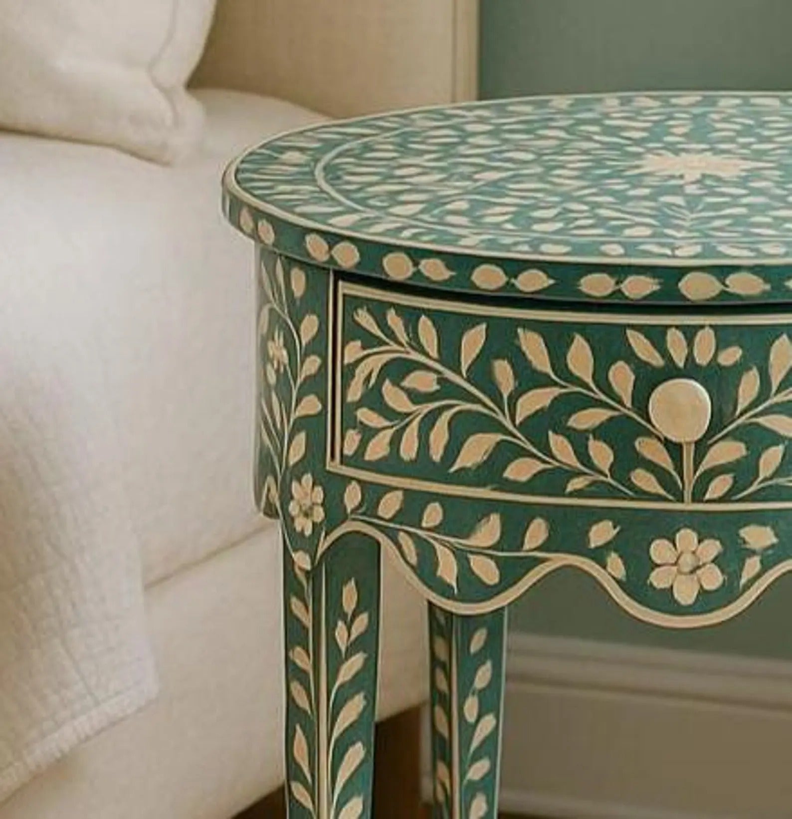 Green Bone Inlay Side Table | Boho Nightstand with Drawer | Handmade Decorative Accent Table for Bedroom & Living Room