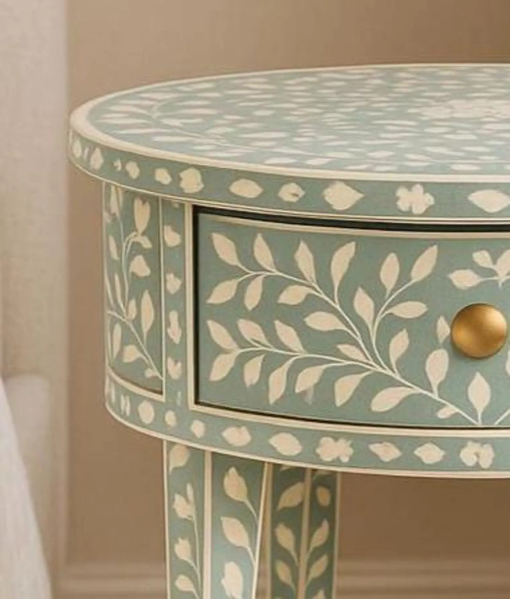 Handcrafted Floral Bone Inlay Side Table | Resin Nightstand with Drawer | Decorative Accent Table for Home Décor