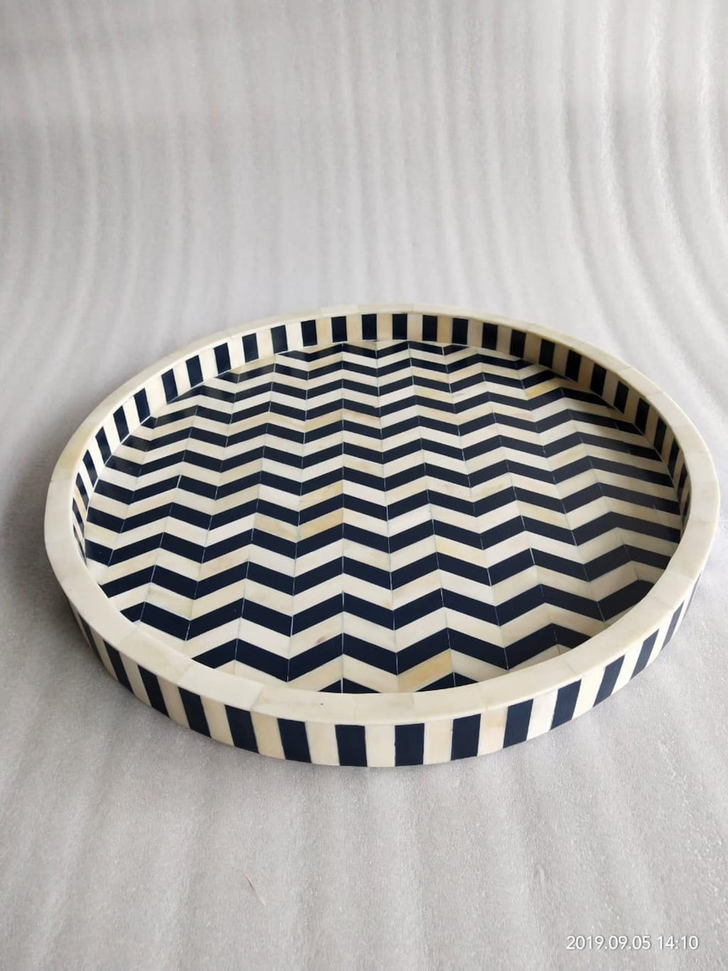 Handcrafted Bone Inlay Serving Tray | Black & White Chevron Resin Design | Stylish Decorative Table Tray