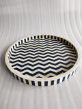Handcrafted Bone Inlay Serving Tray | Black & White Chevron Resin Design | Stylish Decorative Table Tray