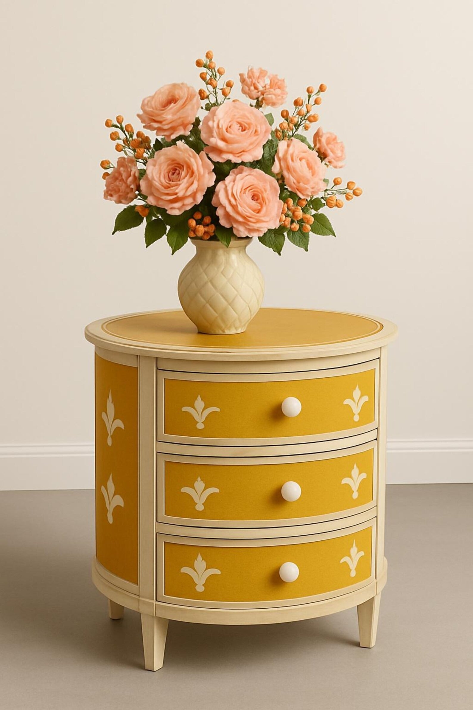 Round Resin Yellow Bone Inlay Nightstand | Handmade Bedside Table | Elegant Decorative Accent Table for Bedroom & Living Room