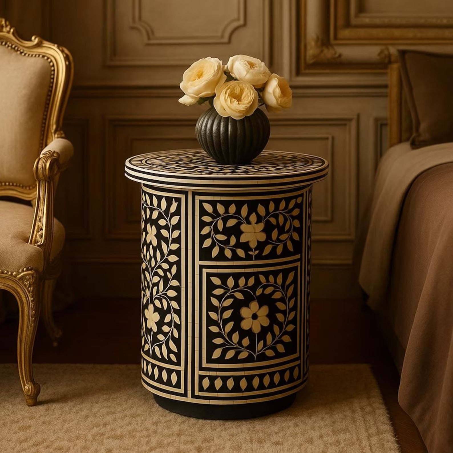 Bone Inlay End Table | Floral Resin Accent Nightstand | Handmade Decorative Side Table for Bedroom & Living Room