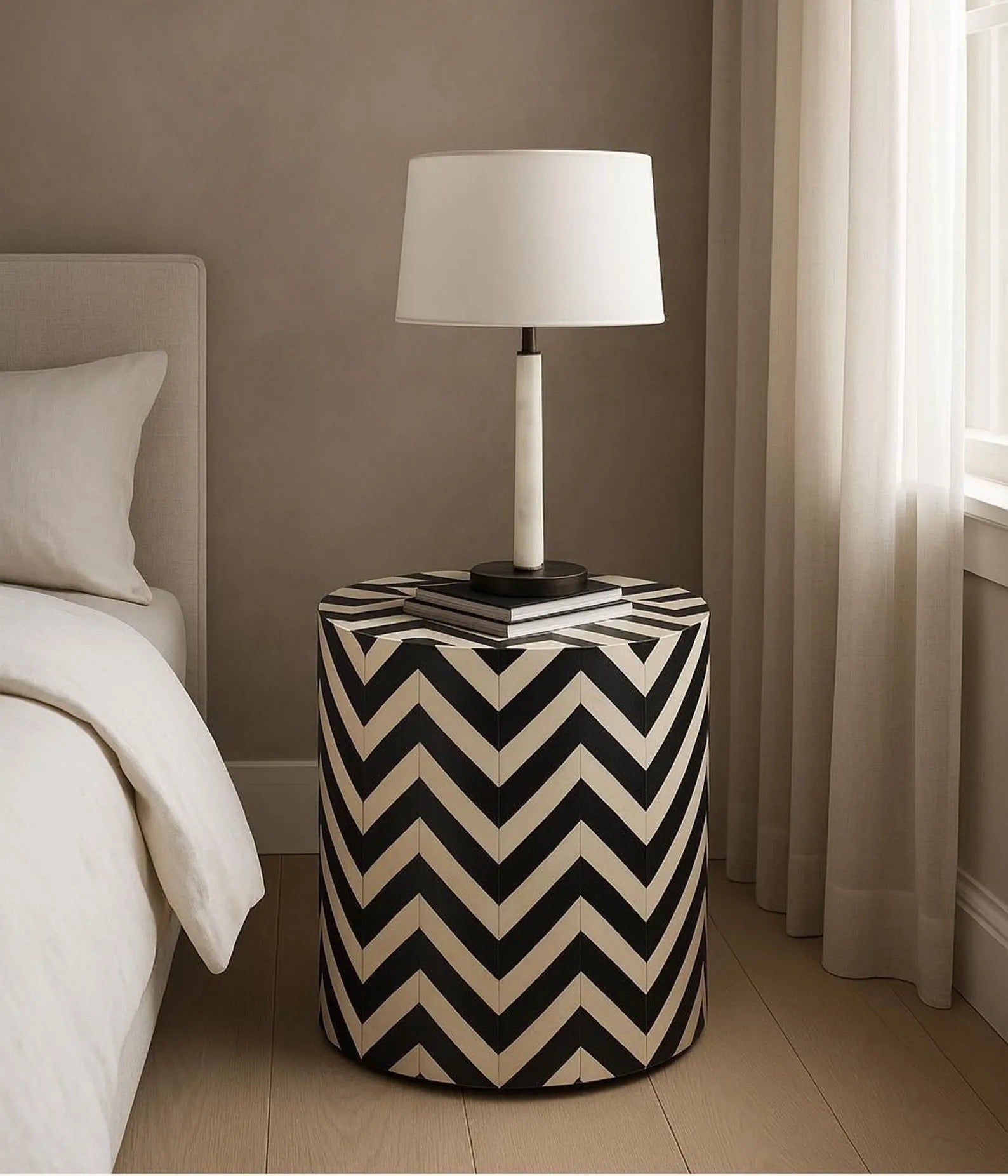 Handmade Resin Inlay End Table | Black & White Chevron Pattern Side Table | Stylish Decorative Accent Table