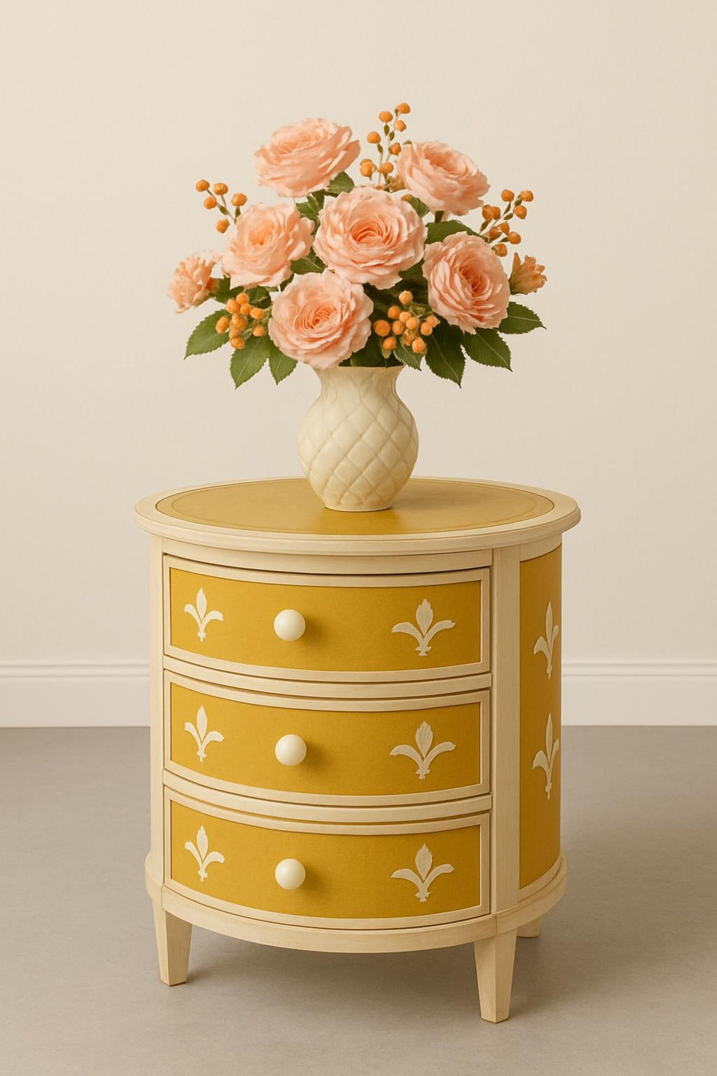 Round Resin Yellow Bone Inlay Nightstand | Handmade Bedside Table | Elegant Decorative Accent Table for Bedroom & Living Room