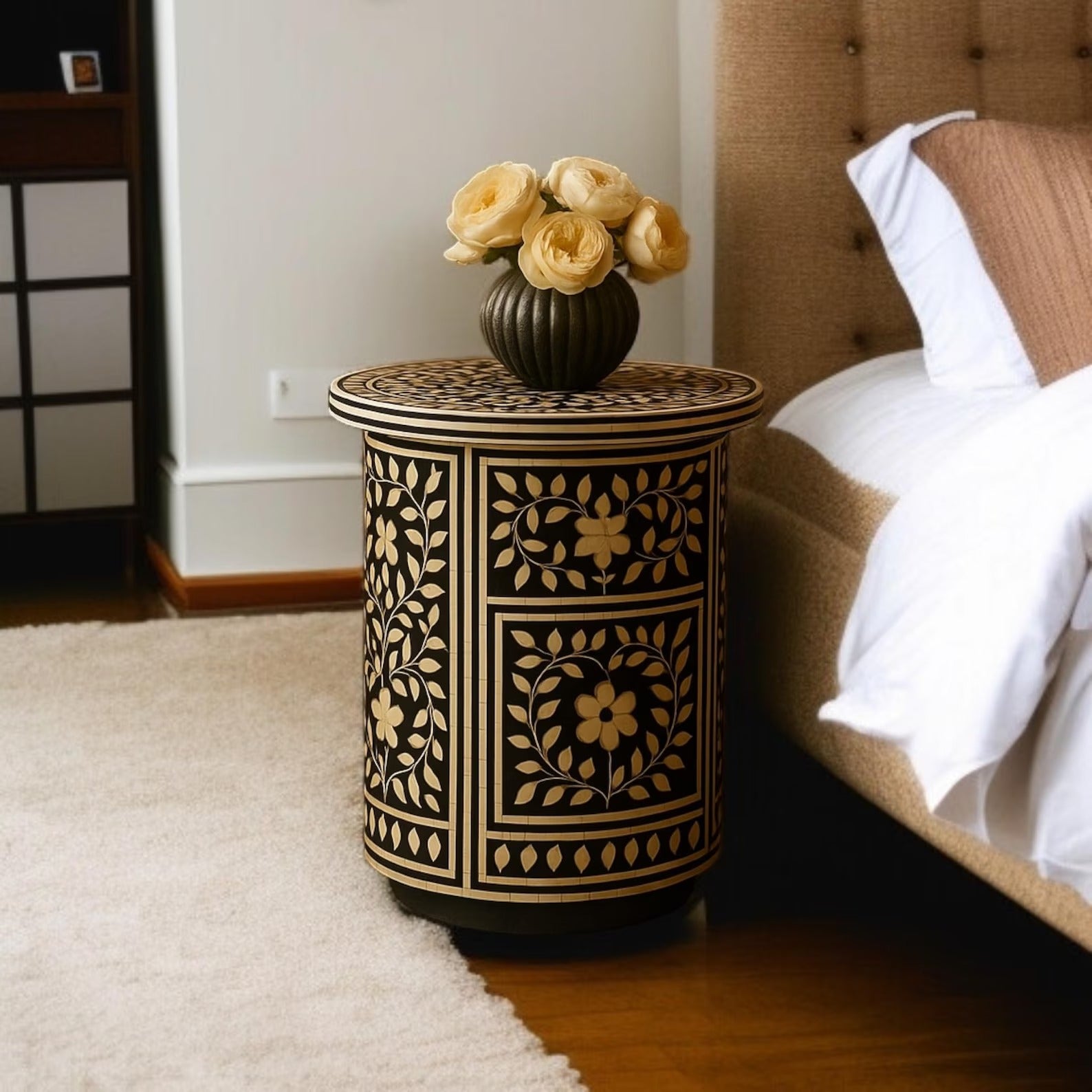 Bone Inlay End Table | Floral Resin Accent Nightstand | Handmade Decorative Side Table for Bedroom & Living Room