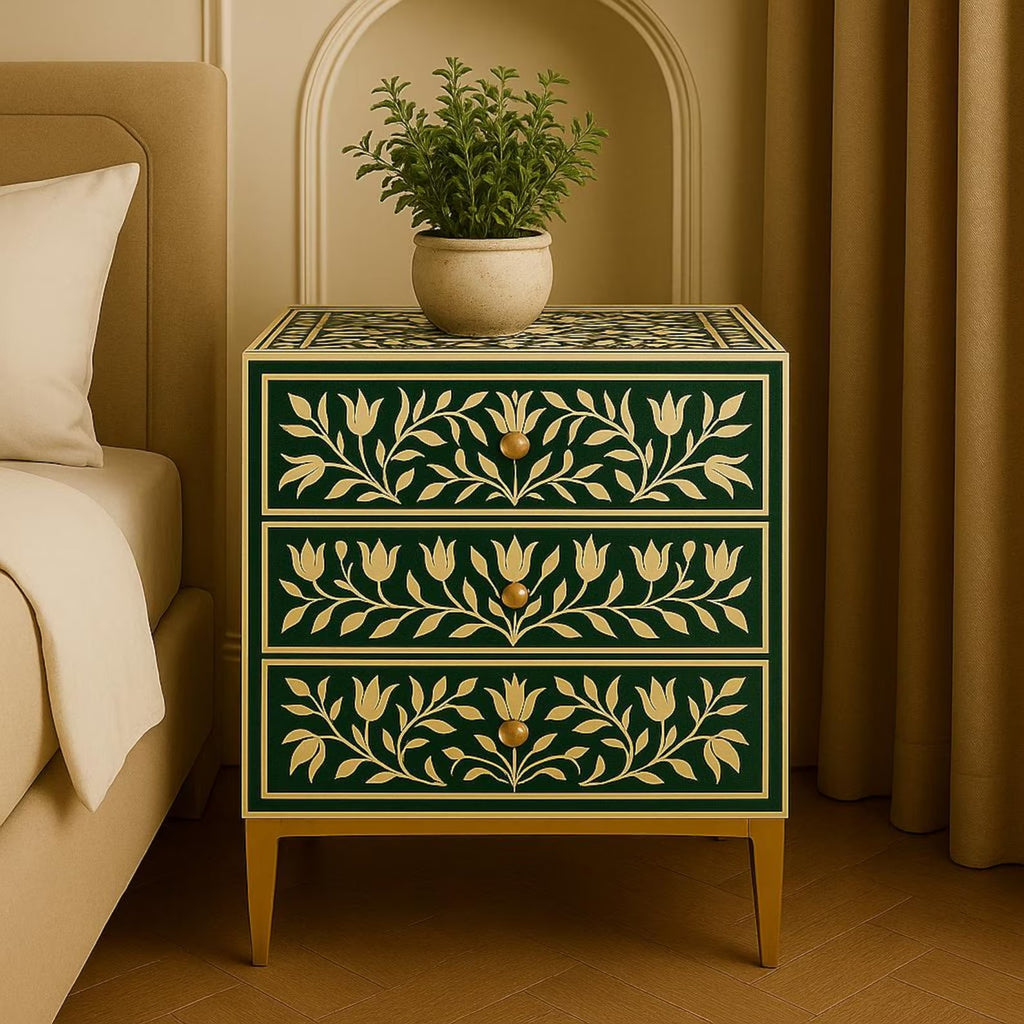 Handmade Green Floral Bone Inlay Nightstand | Resin End Table | Stylish Decorative Furniture for Modern Homes