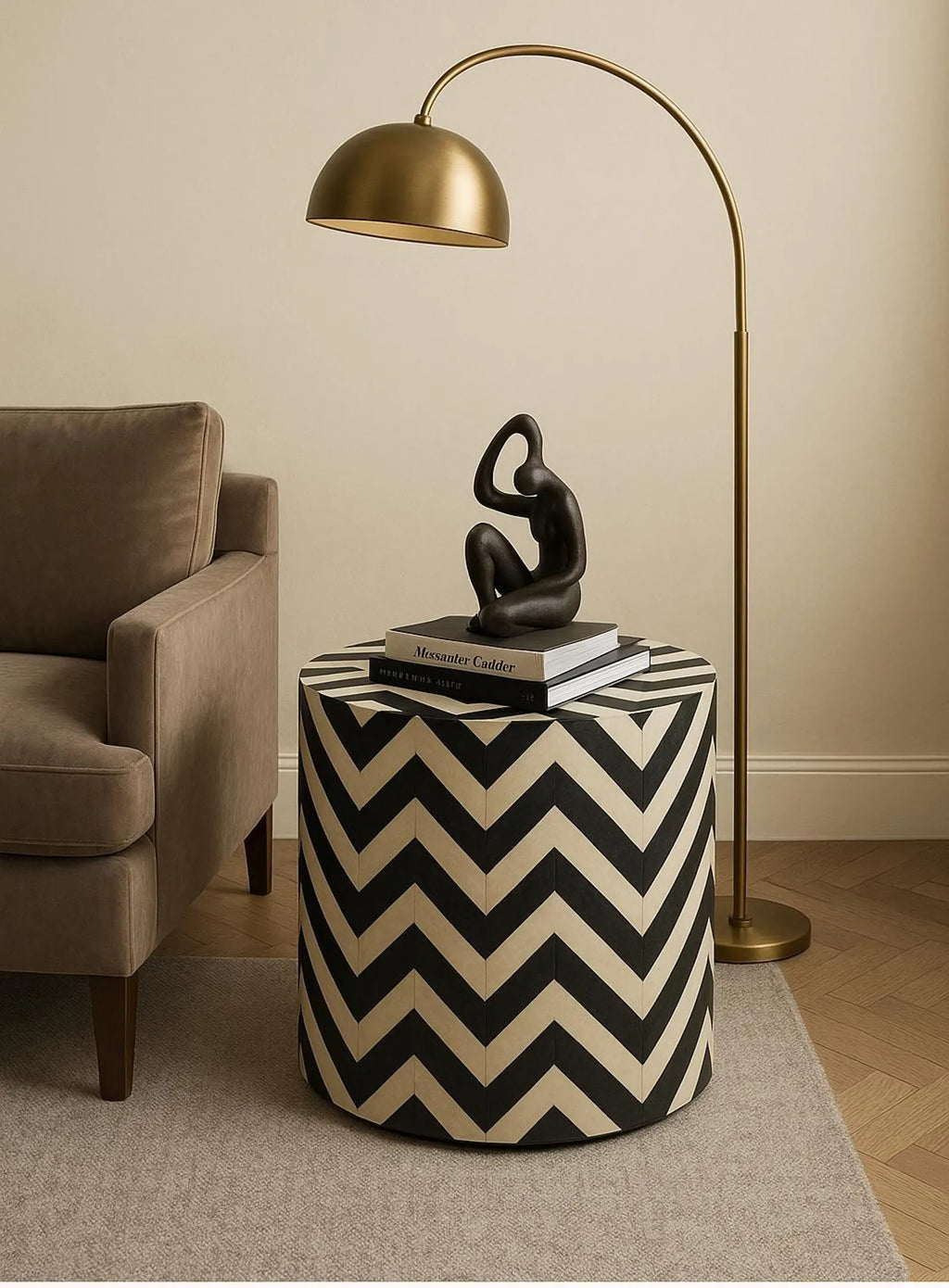 Handmade Resin Inlay End Table | Black & White Chevron Pattern Side Table | Stylish Decorative Accent Table