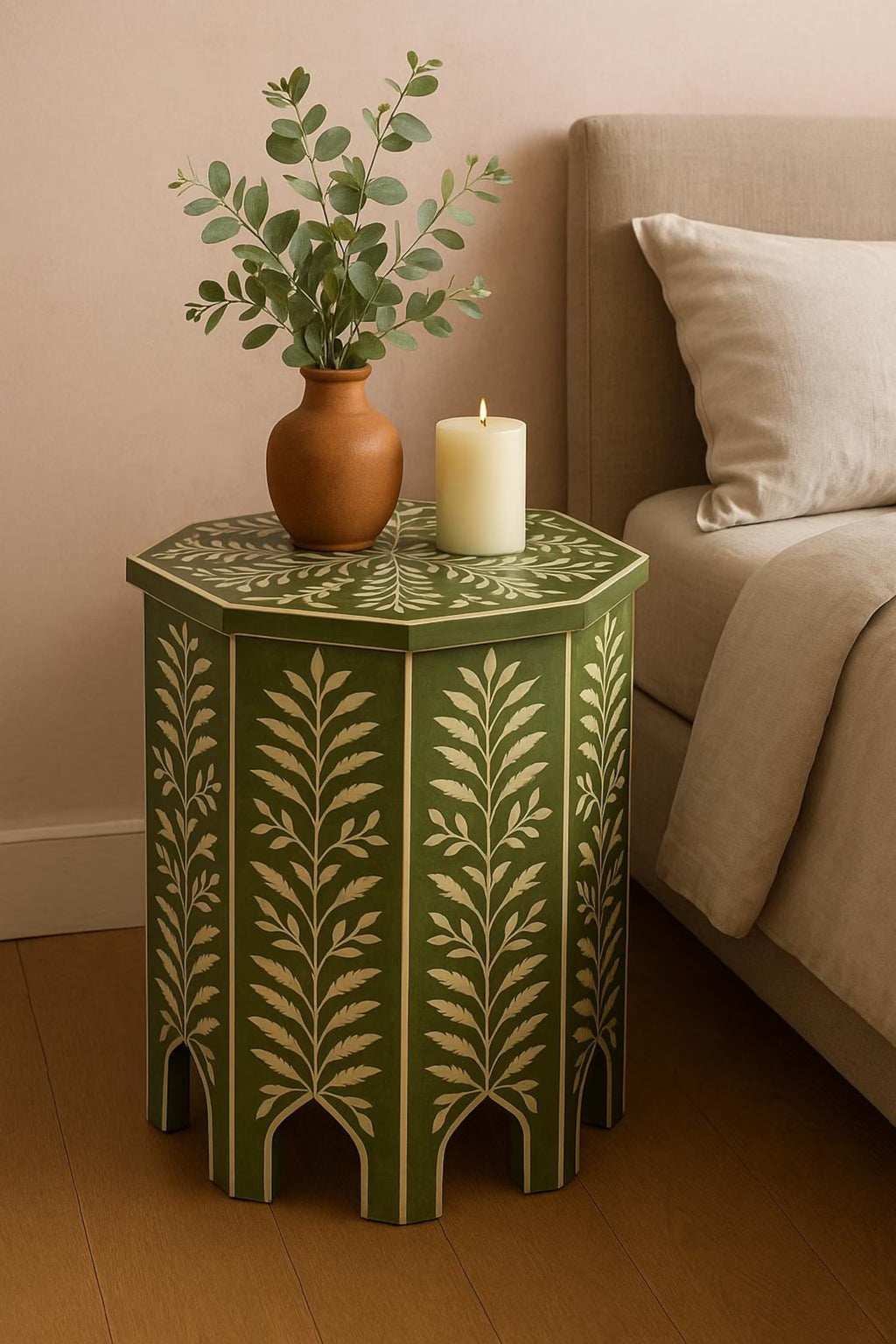 Green Bone Inlay Accent Table | Handmade Geometric Resin End Table | Modern Living Room & Bedroom