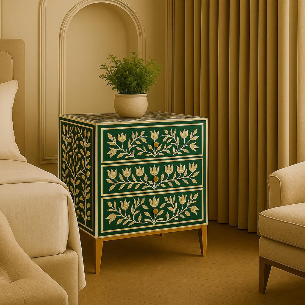 Handmade Green Floral Bone Inlay Nightstand | Resin End Table | Stylish Decorative Furniture for Modern Homes
