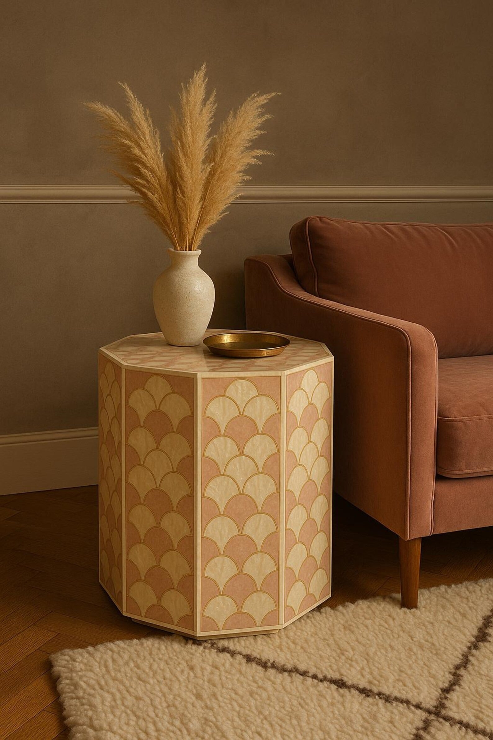 Handcrafted Bone Inlay End Table | Boho Resin Pattern Accent Table | Elegant Side Table for Living Room Décor