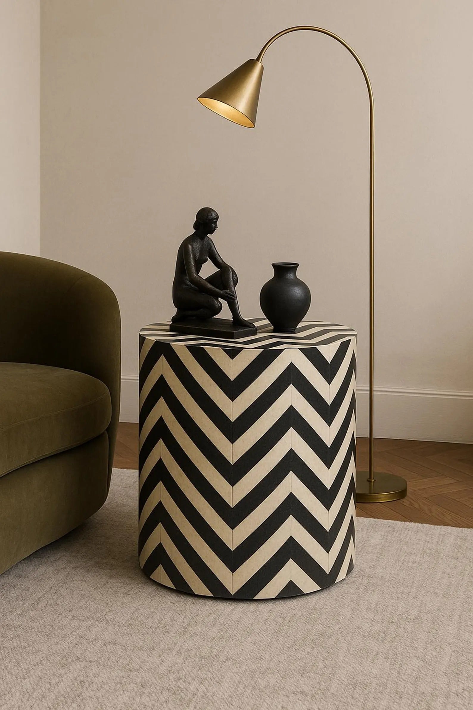 Handmade Resin Inlay End Table | Black & White Chevron Pattern Side Table | Stylish Decorative Accent Table