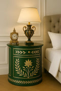 Handmade Green Bone Inlay End Table | Gold Floral Nightstand | Stylish Decorative Table for Modern Home Décor