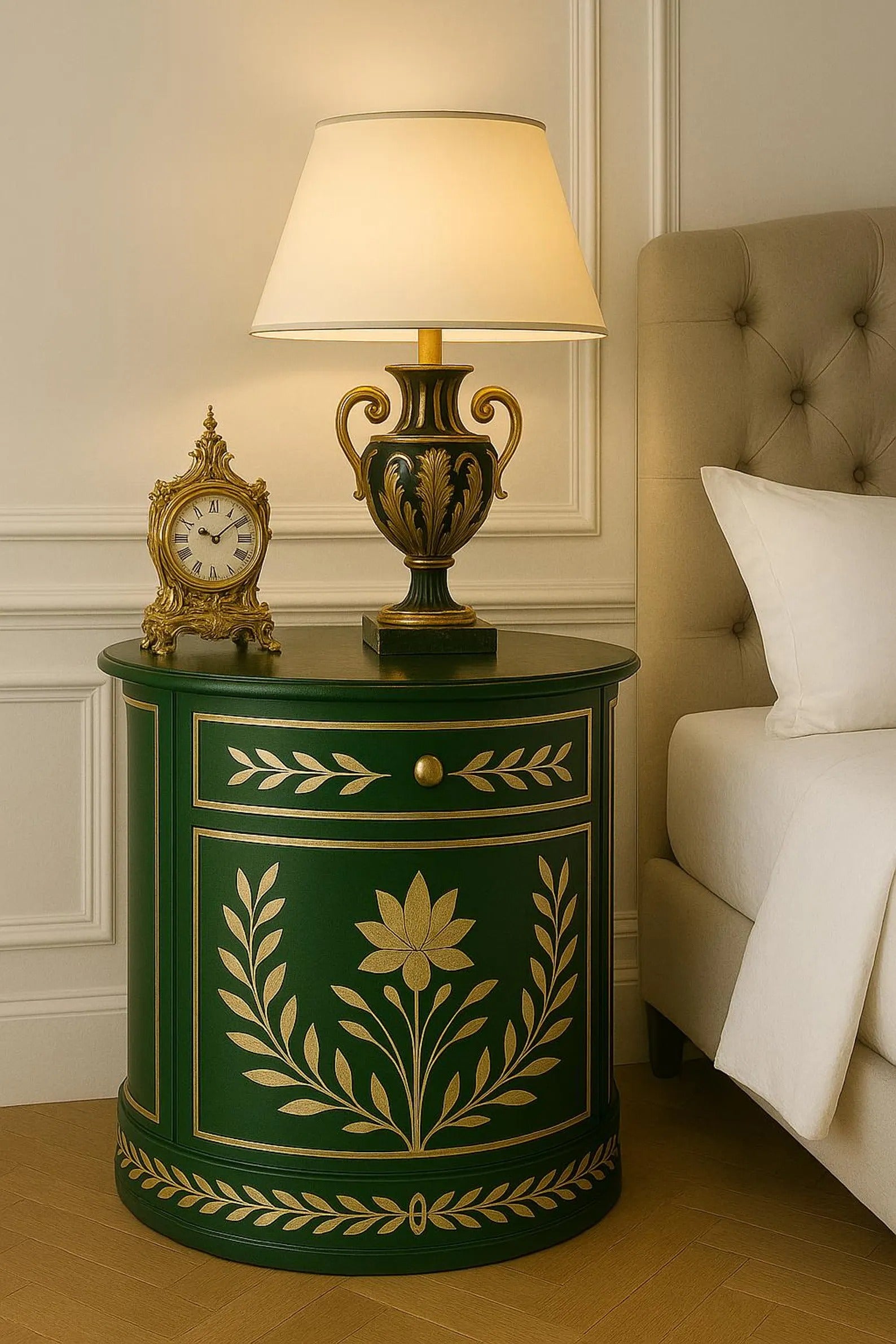 Handmade Green Bone Inlay End Table | Gold Floral Nightstand | Stylish Decorative Table for Modern Home Décor