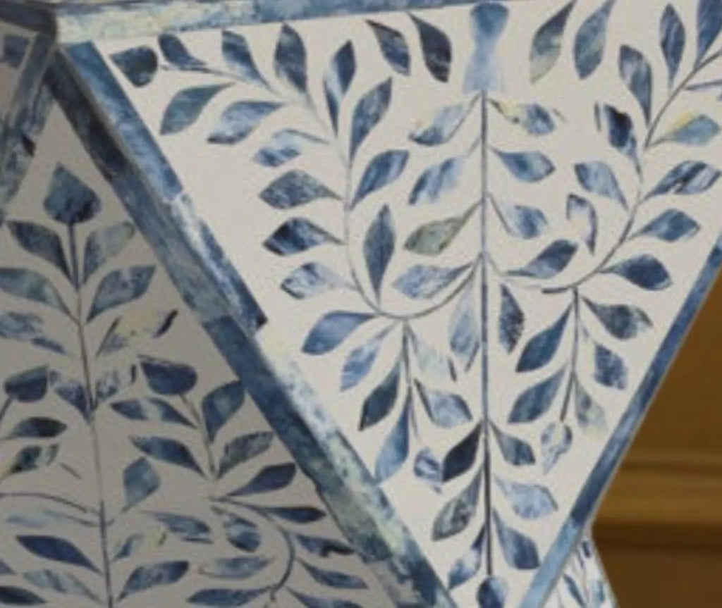 Blue Bone Inlay End Table | Floral Resin Accent Table | Handmade Decorative Side Table for Living Room & Bedroom