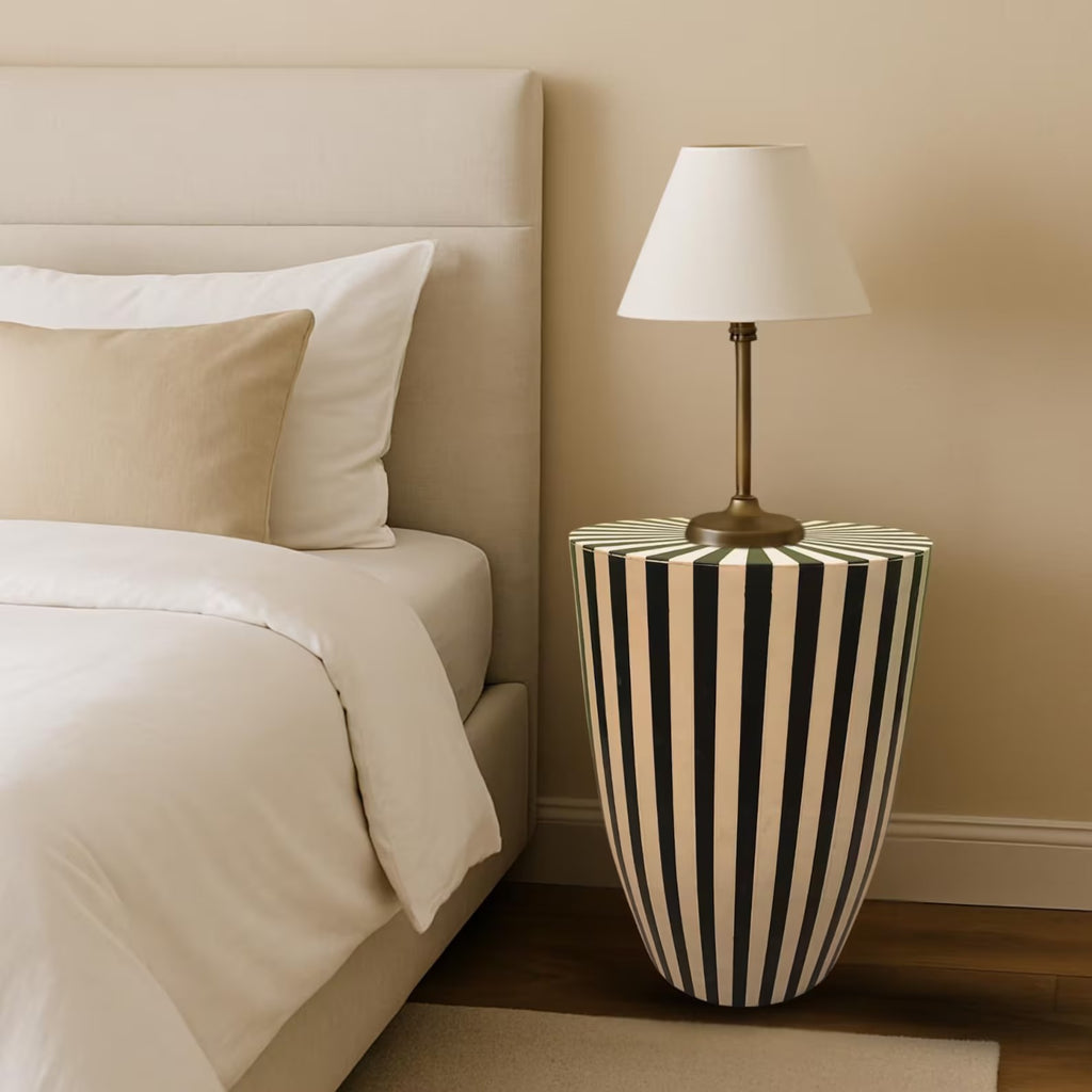 Moroccan Resin End Table | Striped Accent Table | Handmade Decorative Side Table for Living Room & Bedroom