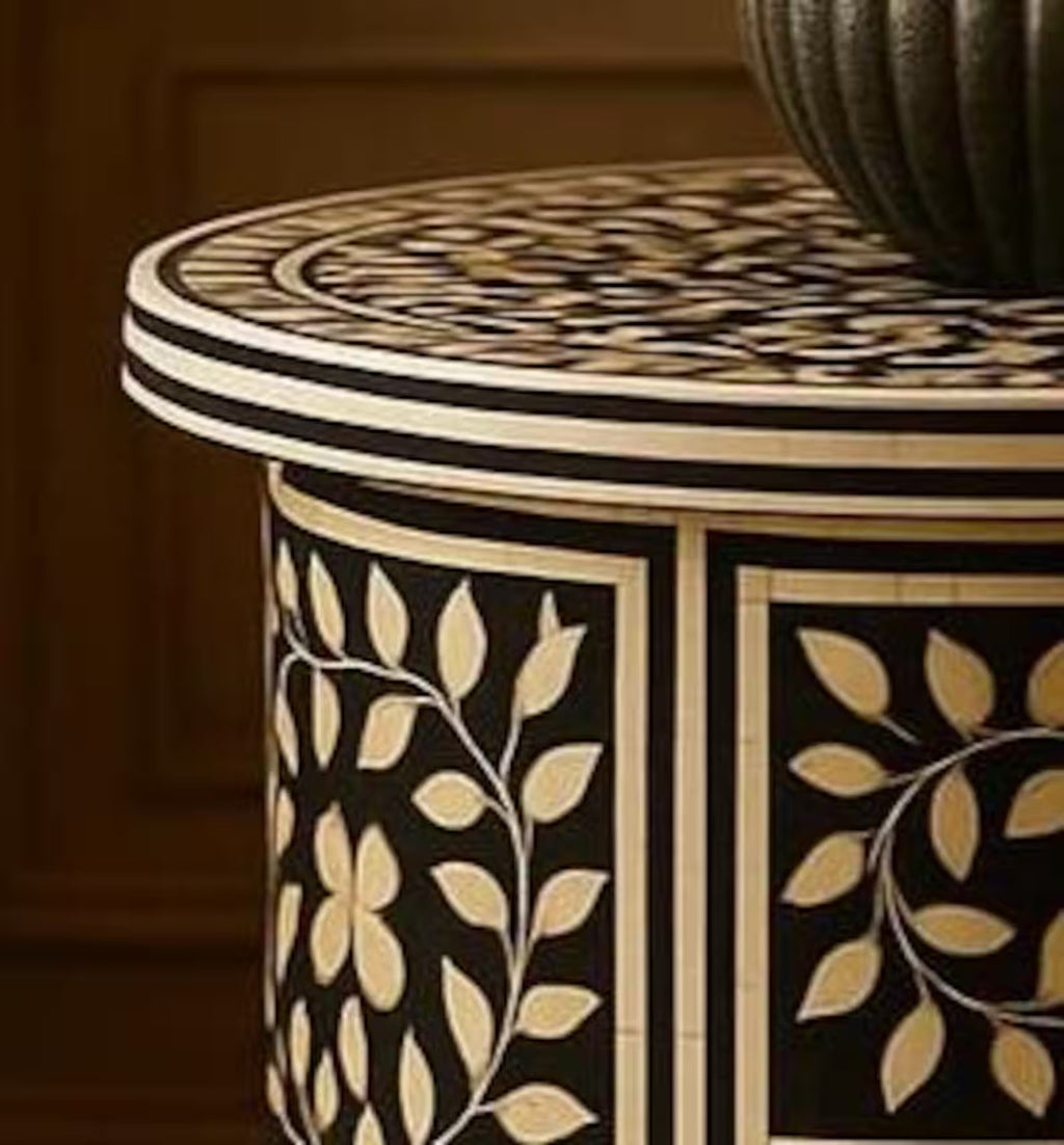 Bone Inlay End Table | Floral Resin Accent Nightstand | Handmade Decorative Side Table for Bedroom & Living Room