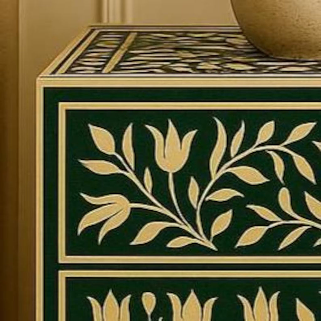 Handmade Green Floral Bone Inlay Nightstand | Resin End Table | Stylish Decorative Furniture for Modern Homes