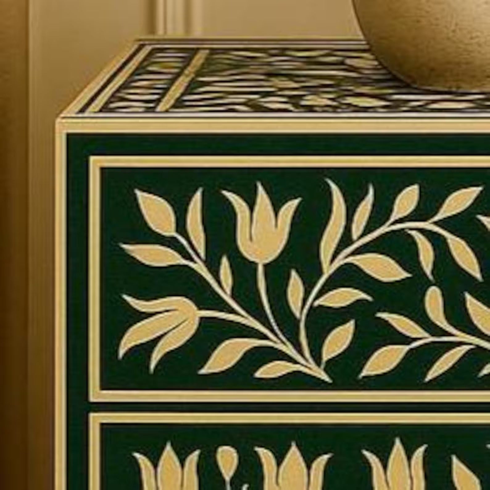 Handmade Green Floral Bone Inlay Nightstand | Resin End Table | Stylish Decorative Furniture for Modern Homes