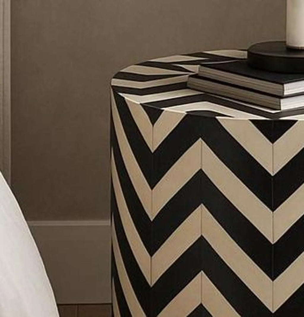 Handmade Resin Inlay End Table | Black & White Chevron Pattern Side Table | Stylish Decorative Accent Table