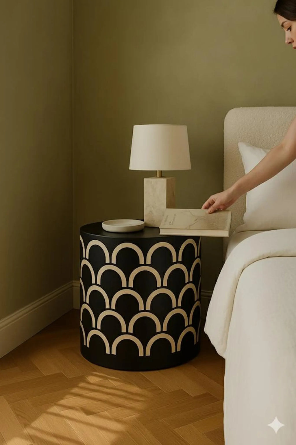 Bone Inlay End Table | Black Resin Geometric Nightstand | Handmade Decorative Side Table for Bedroom & Living Room