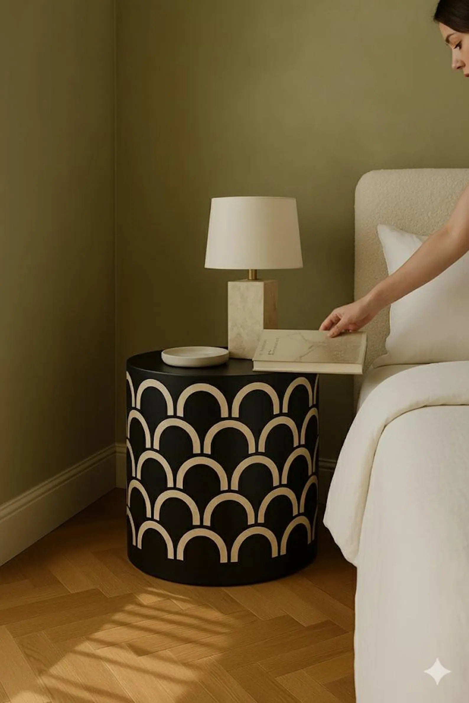 Bone Inlay End Table | Black Resin Geometric Nightstand | Handmade Decorative Side Table for Bedroom & Living Room