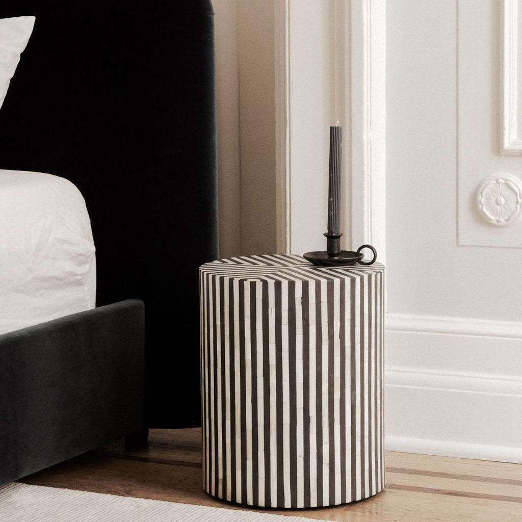Striped Drum Resin & Bone Inlay End Table | Handmade Decorative Accent Table | Elegant Side Table for Bedroom & Living Room