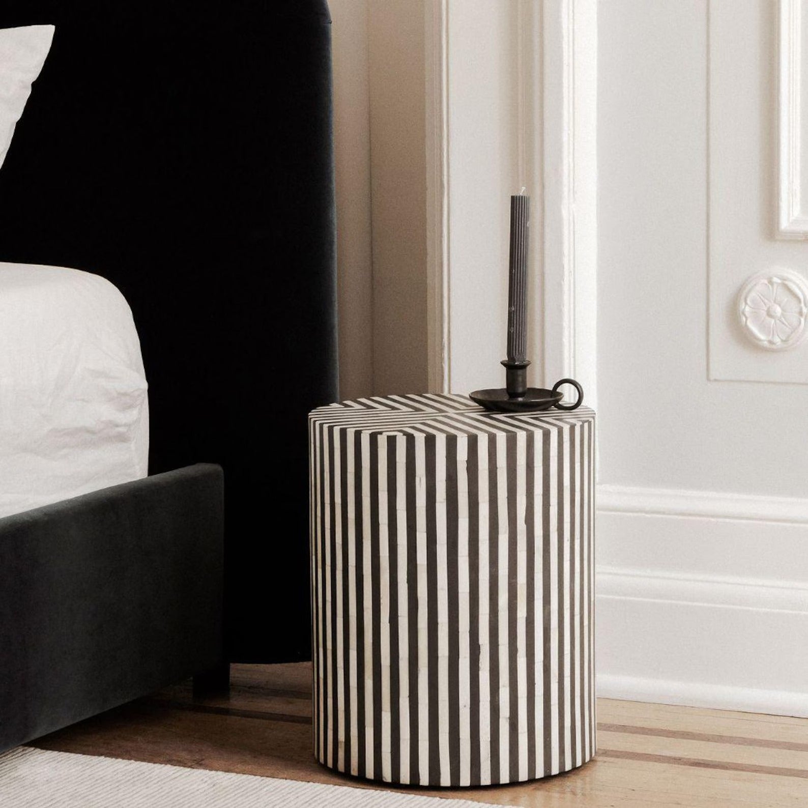 Striped Drum Resin & Bone Inlay End Table | Handmade Decorative Accent Table | Elegant Side Table for Bedroom & Living Room