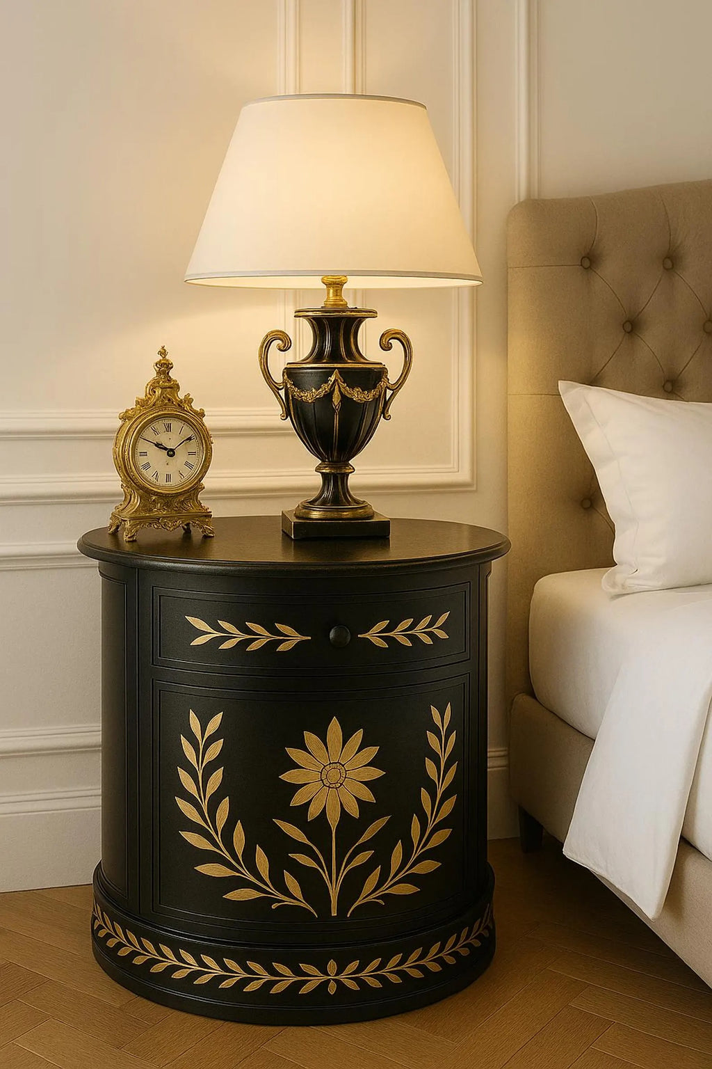 Handmade Green Bone Inlay End Table | Gold Floral Nightstand | Stylish Decorative Table for Modern Home Décor