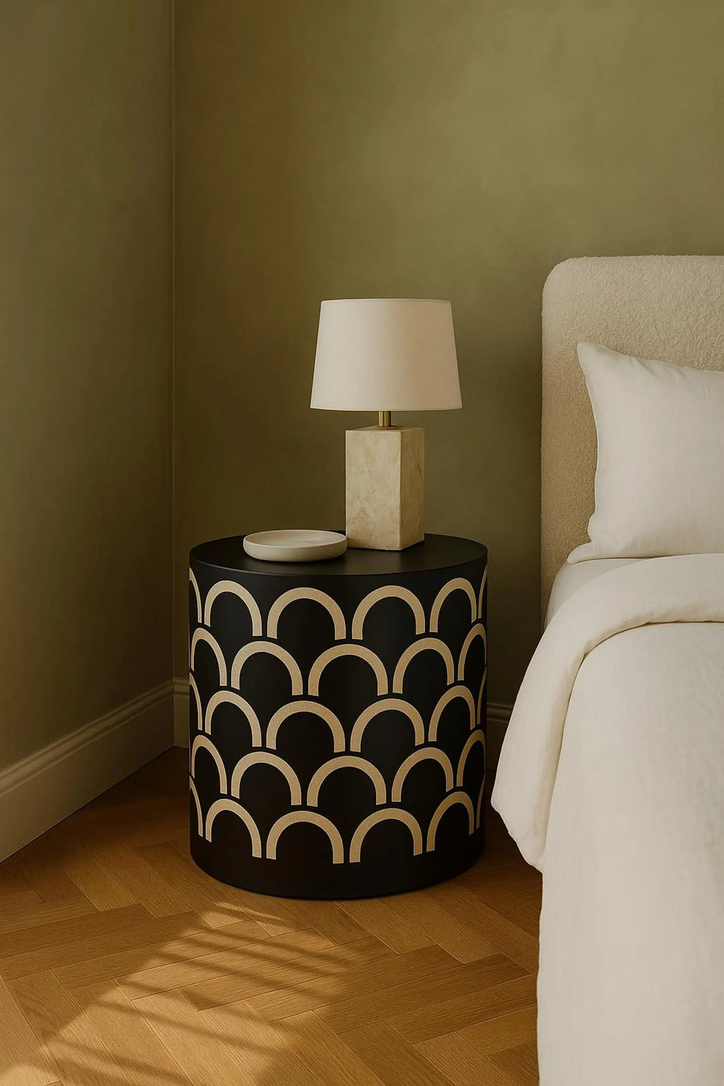 Bone Inlay End Table | Black Resin Geometric Nightstand | Handmade Decorative Side Table for Bedroom & Living Room