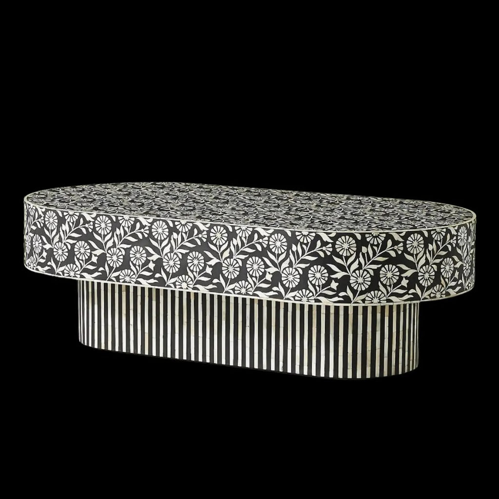 Sunflower Bone Inlay Coffee Table | Handmade Oval Accent Table for Living Room | Luxury Floral Bone Inlay Furniture