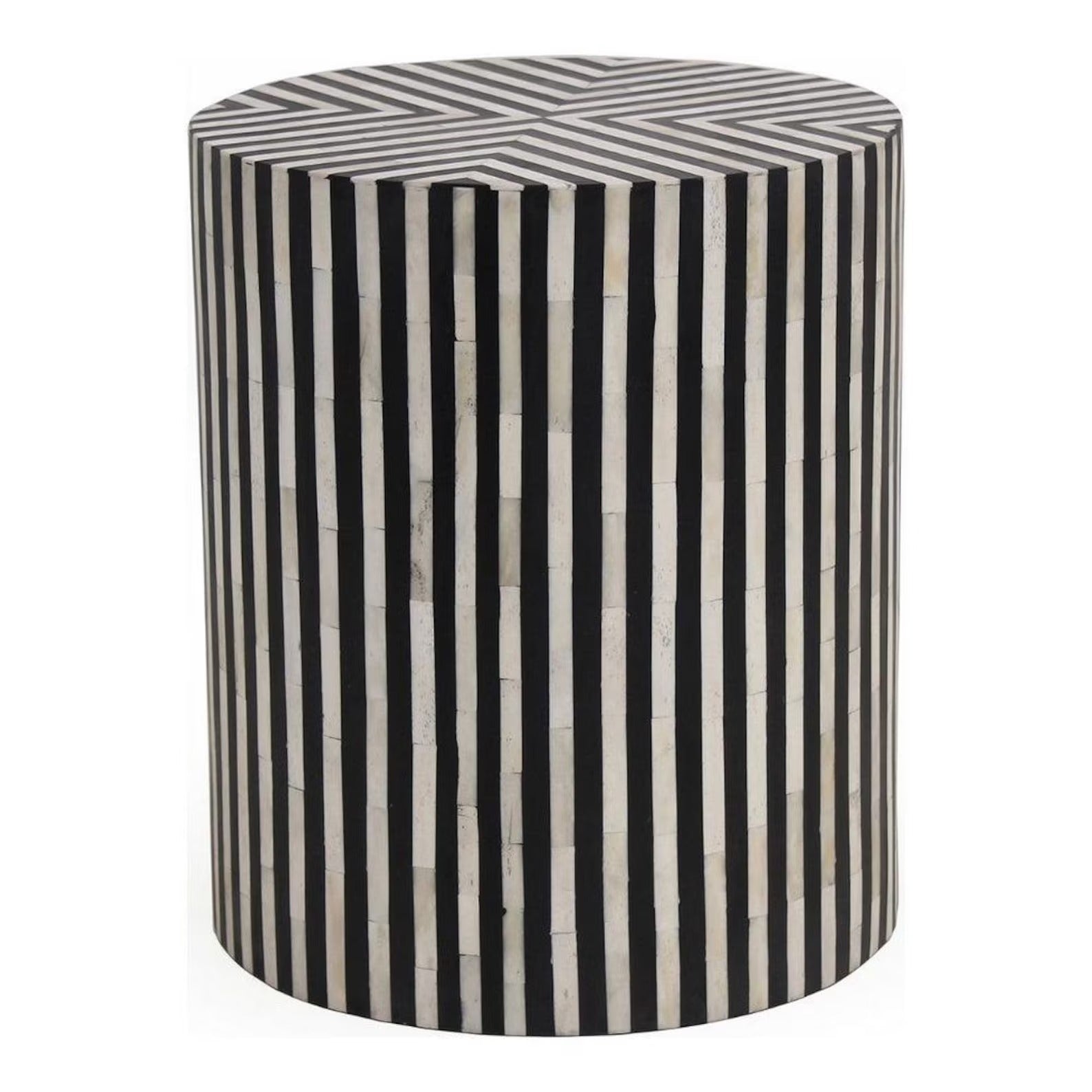Striped Drum Resin & Bone Inlay End Table | Handmade Decorative Accent Table | Elegant Side Table for Bedroom & Living Room