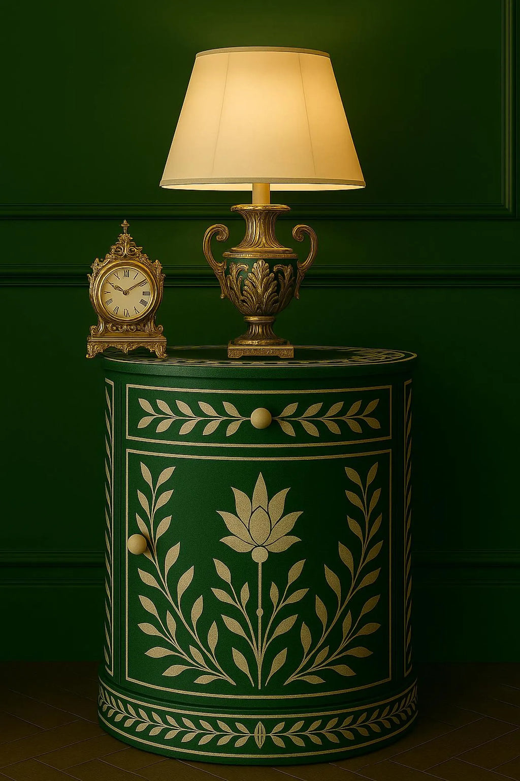 Handmade Green Bone Inlay End Table | Gold Floral Nightstand | Stylish Decorative Table for Modern Home Décor