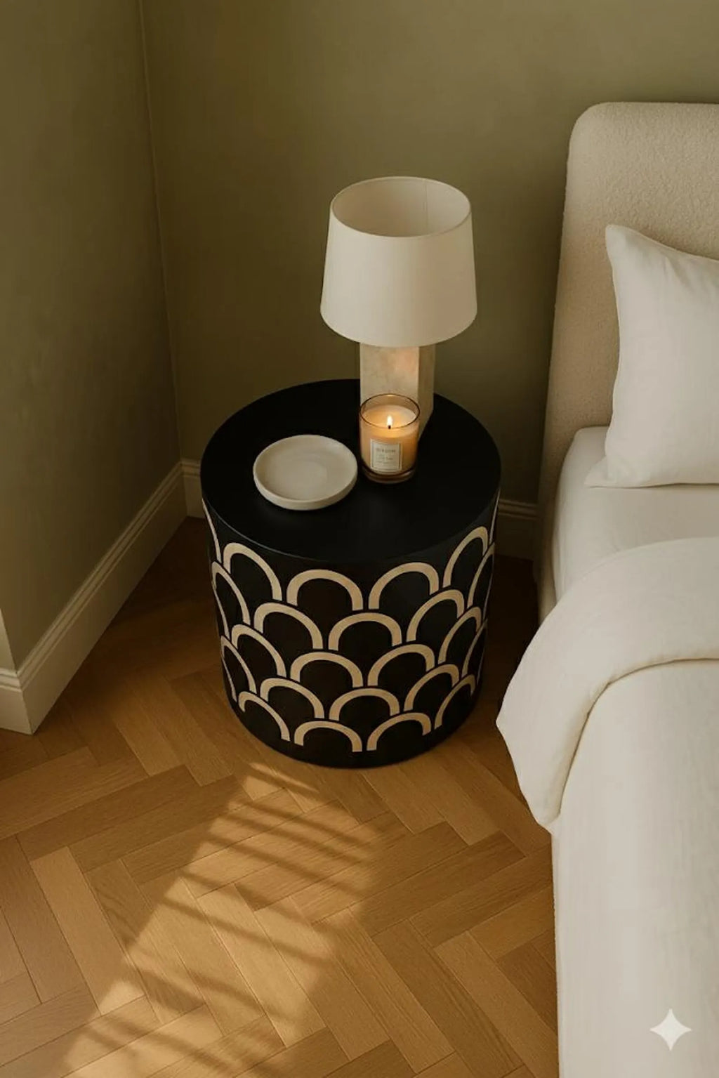 Bone Inlay End Table | Black Resin Geometric Nightstand | Handmade Decorative Side Table for Bedroom & Living Room