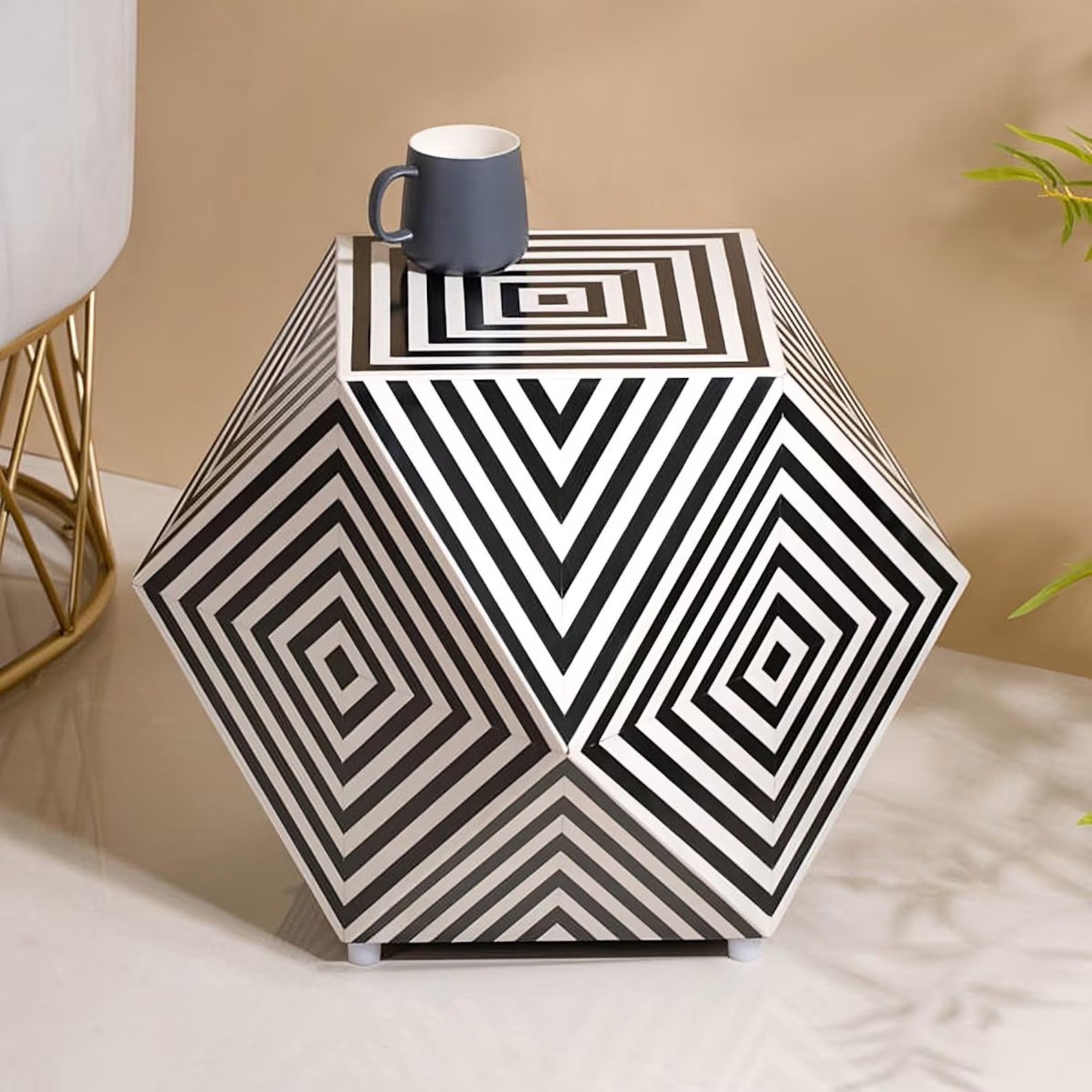 Handmade Hexagon Resin Inlay Side Table | Black & White Accent Table | Stylish Modern Furniture for Home Décor