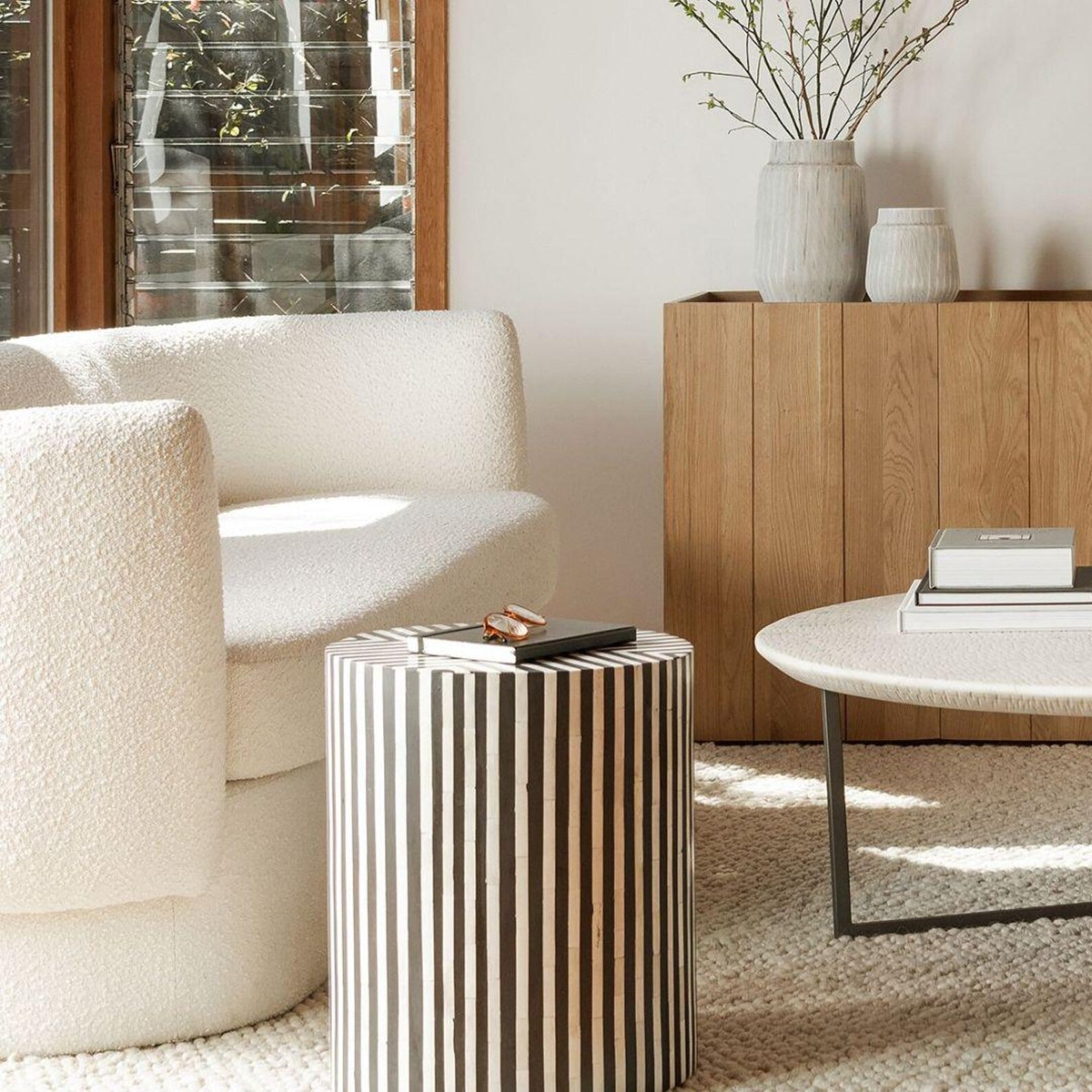 Striped Drum Resin & Bone Inlay End Table | Handmade Decorative Accent Table | Elegant Side Table for Bedroom & Living Room