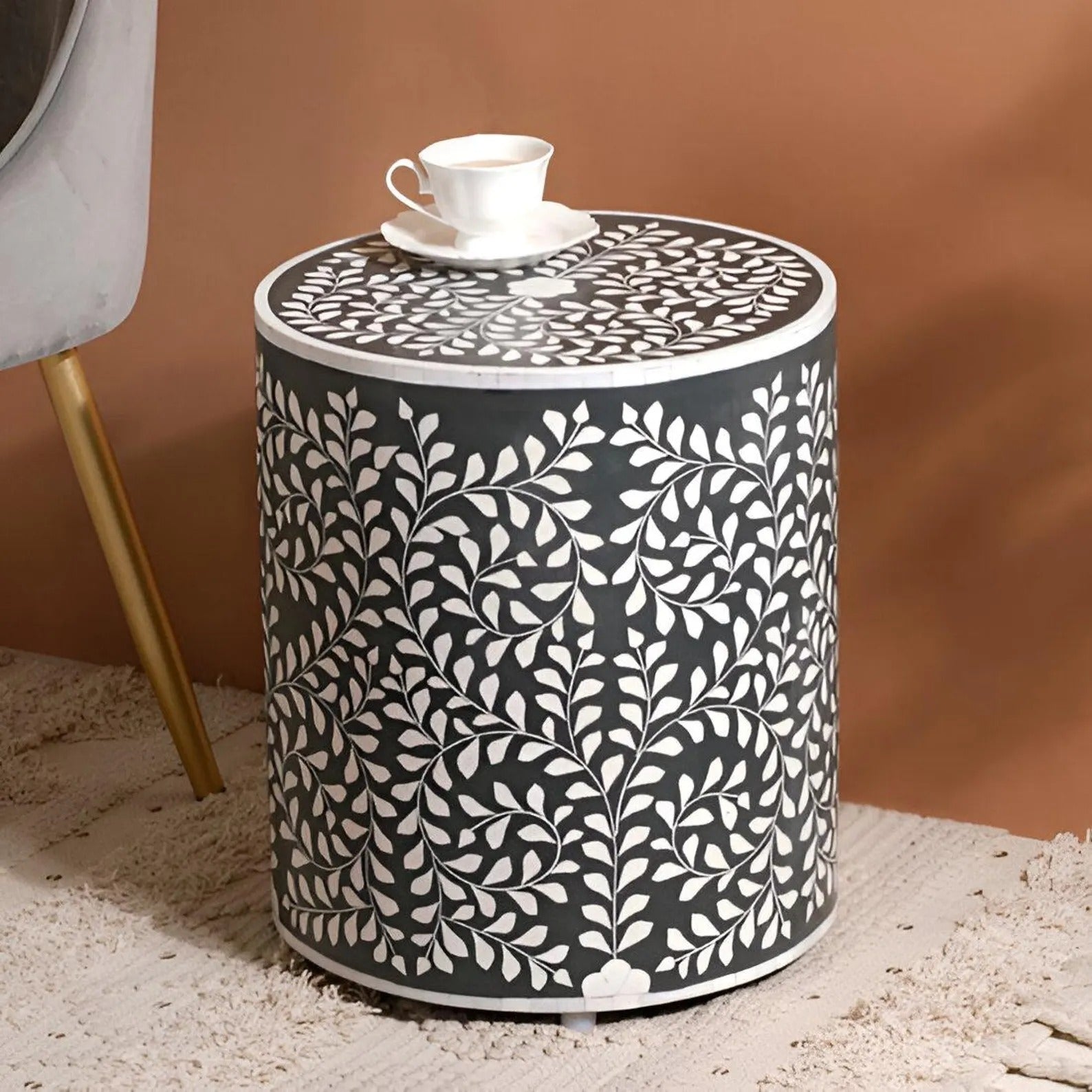 Handmade Bone Inlay Floral Resin End Table | Stylish Side Table | Decorative Furniture for Modern Homes