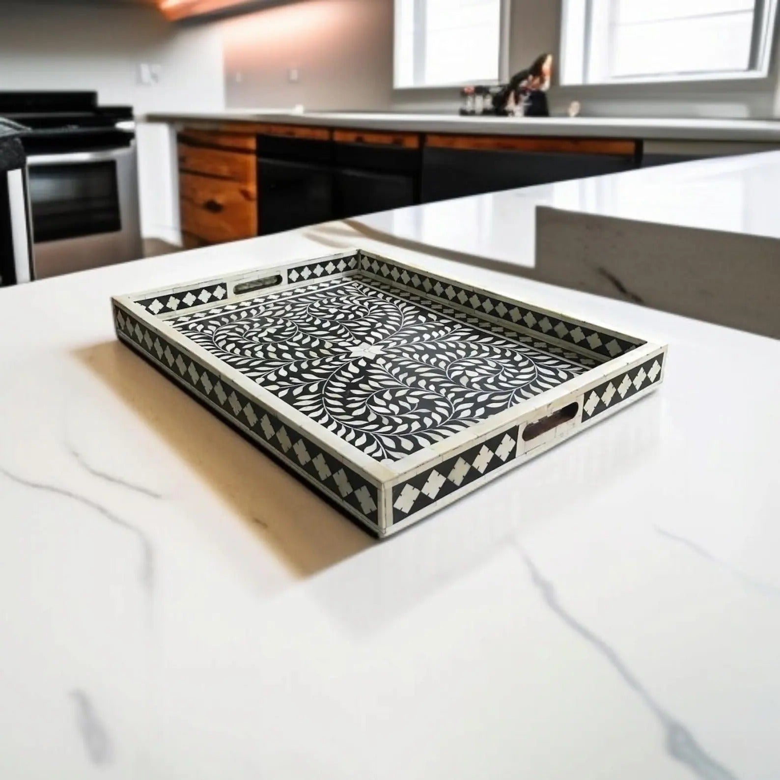 Handmade Black & White Floral Bone Inlay Resin Tray | Stylish Decorative Serving Tray for Home, Kitchen & Living Room