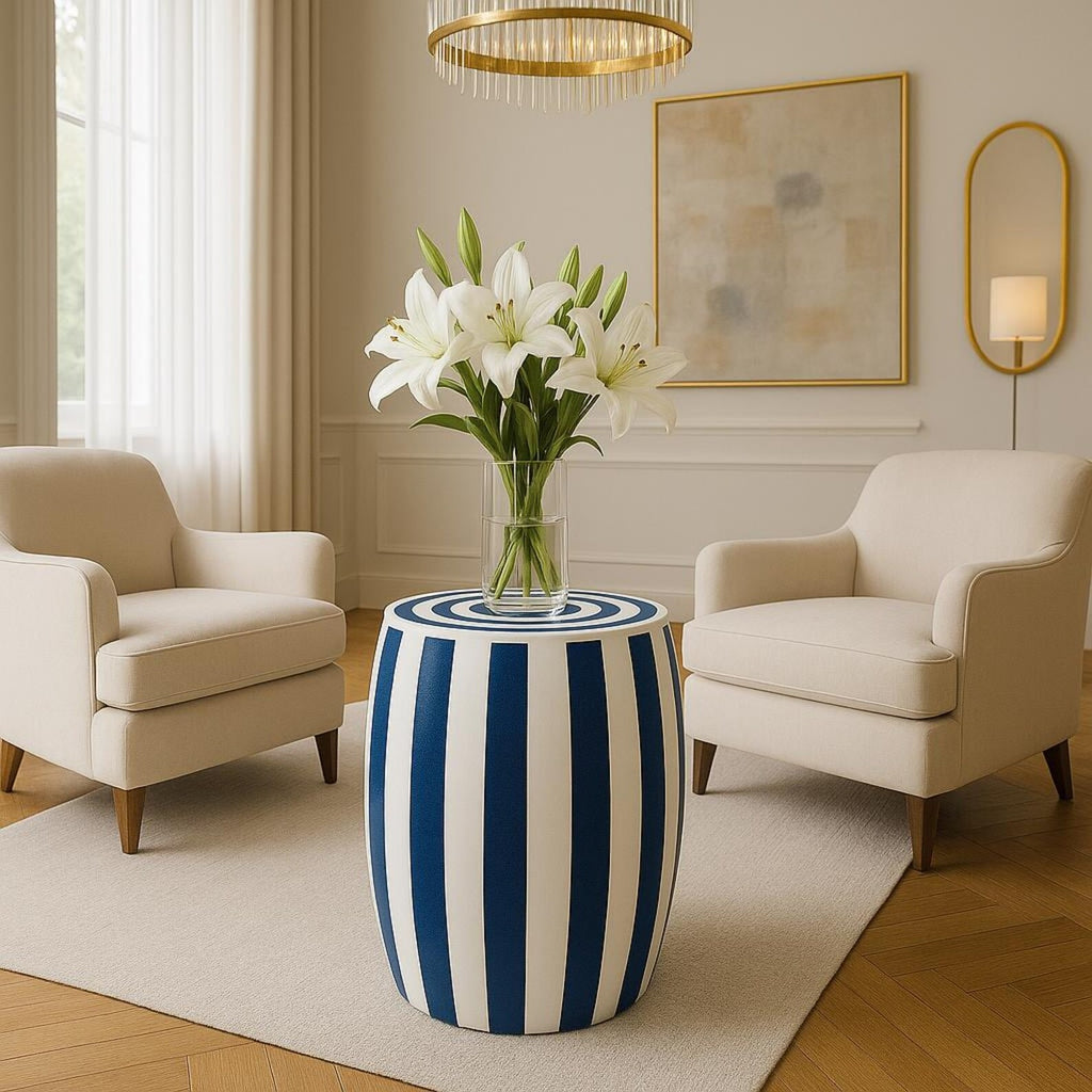 Blue & White Striped Resin End Table | Handmade Modern Accent Table | Stylish Decorative Furniture for Home Décor