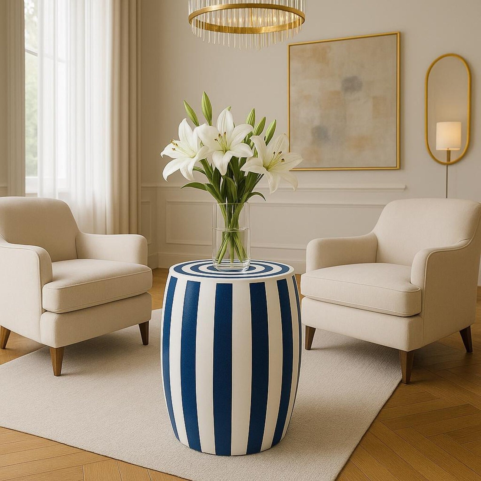 Blue & White Striped Resin End Table | Handmade Modern Accent Table | Stylish Decorative Furniture for Home Décor