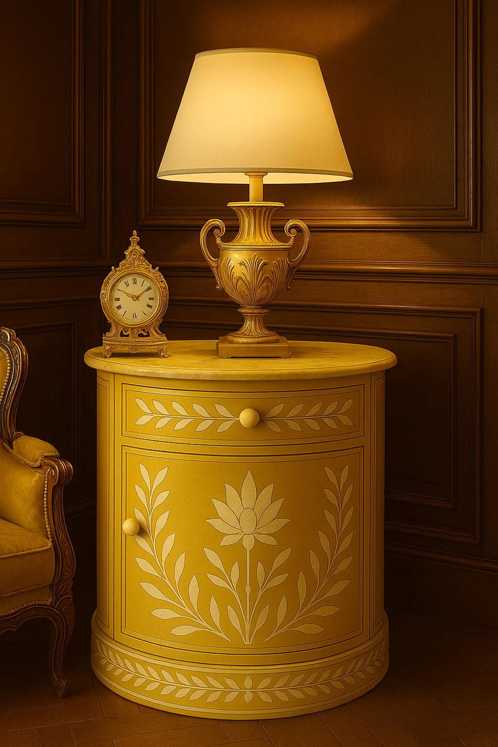 Handmade Green Bone Inlay End Table | Gold Floral Nightstand | Stylish Decorative Table for Modern Home Décor