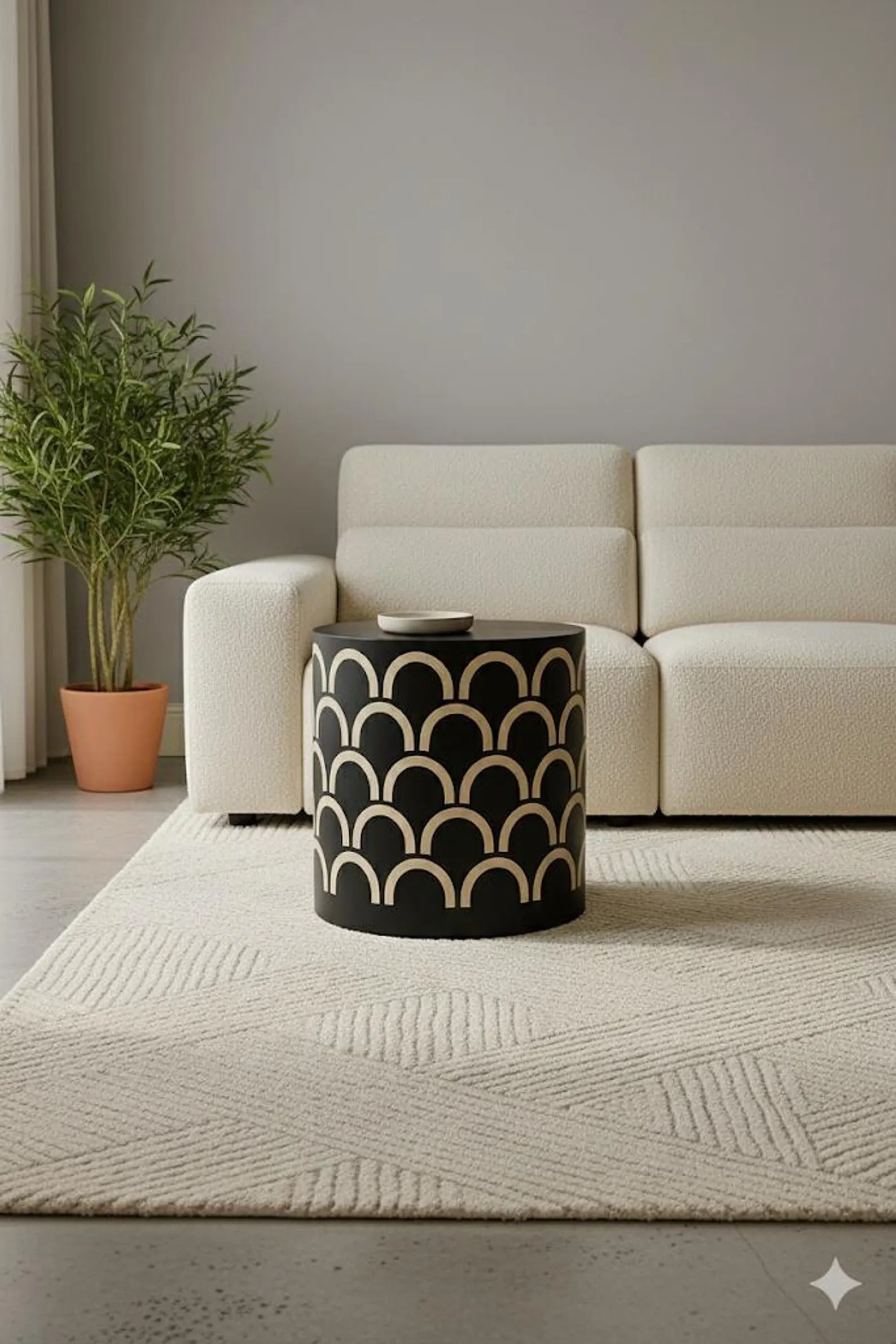 Bone Inlay End Table | Black Resin Geometric Nightstand | Handmade Decorative Side Table for Bedroom & Living Room