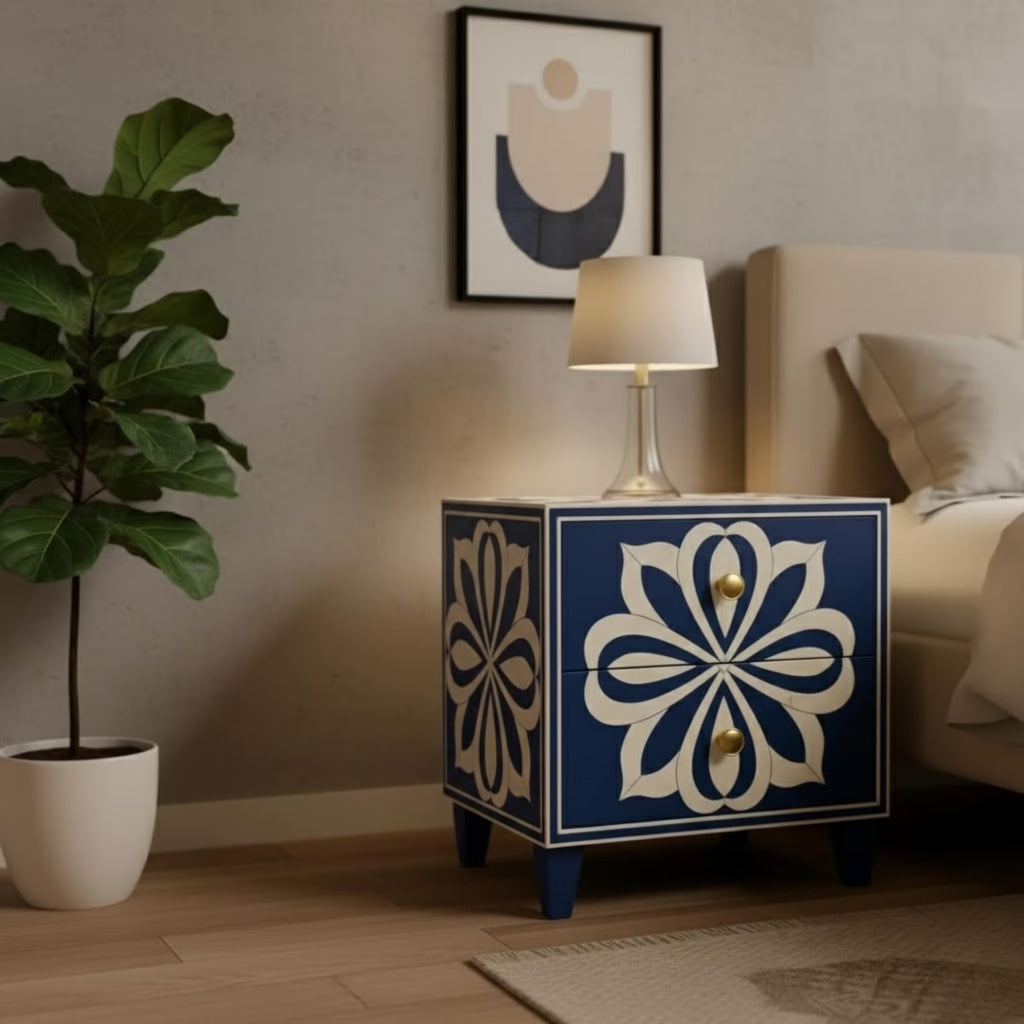 Blue Resin Inlay Bedside Table | Handmade Floral Nightstand | Premium Indian Accent Table for Home Decor