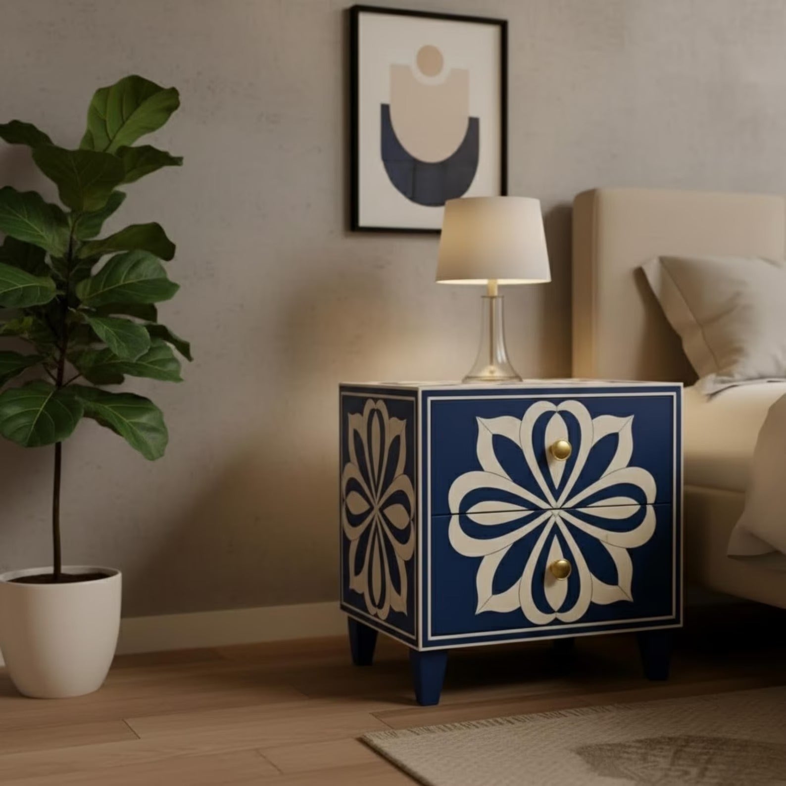 Blue Resin Inlay Bedside Table | Handmade Floral Nightstand | Premium Indian Accent Table for Home Decor