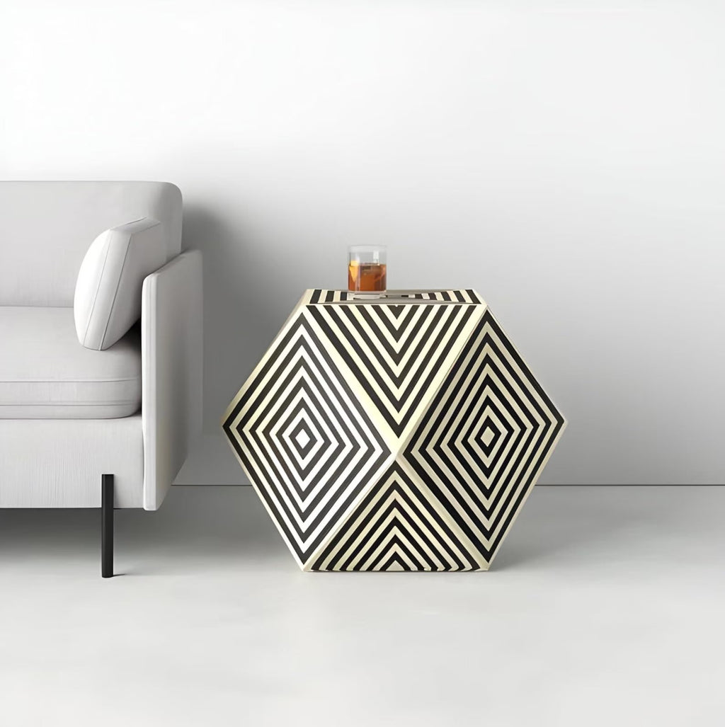 Handmade Hexagon Resin Inlay Side Table | Black & White Accent Table | Stylish Modern Furniture for Home Décor