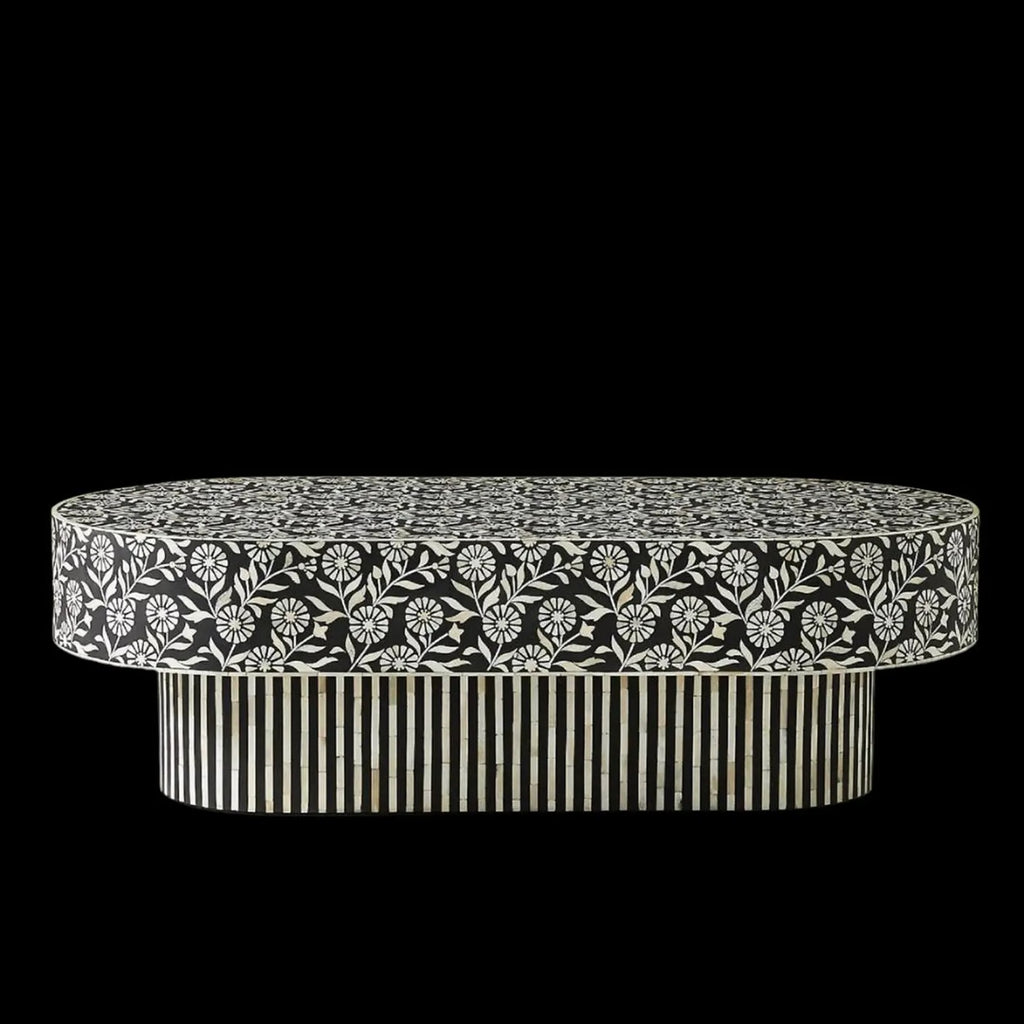 Sunflower Bone Inlay Coffee Table | Handmade Oval Accent Table for Living Room | Luxury Floral Bone Inlay Furniture