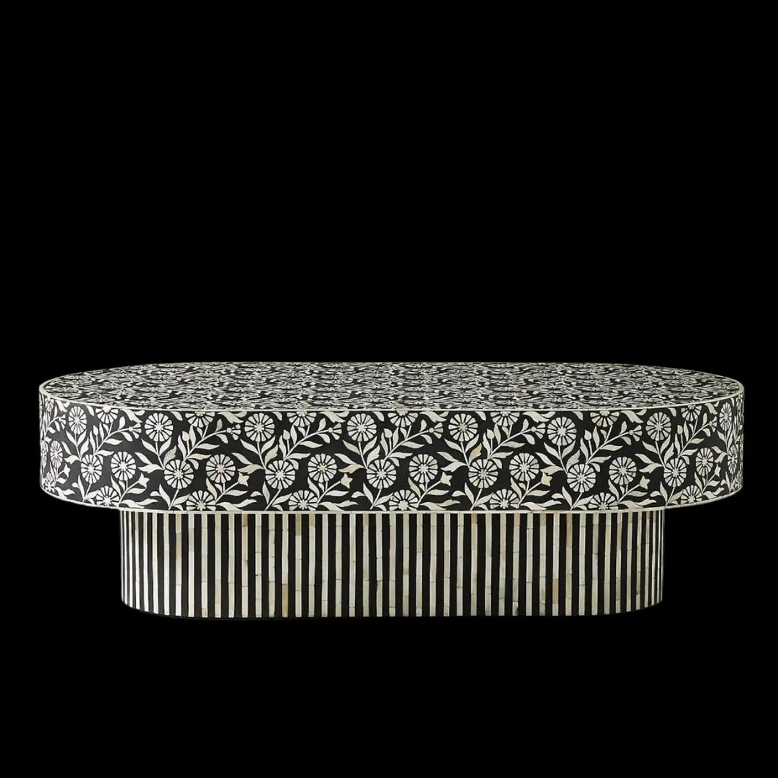 Sunflower Bone Inlay Coffee Table | Handmade Oval Accent Table for Living Room | Luxury Floral Bone Inlay Furniture