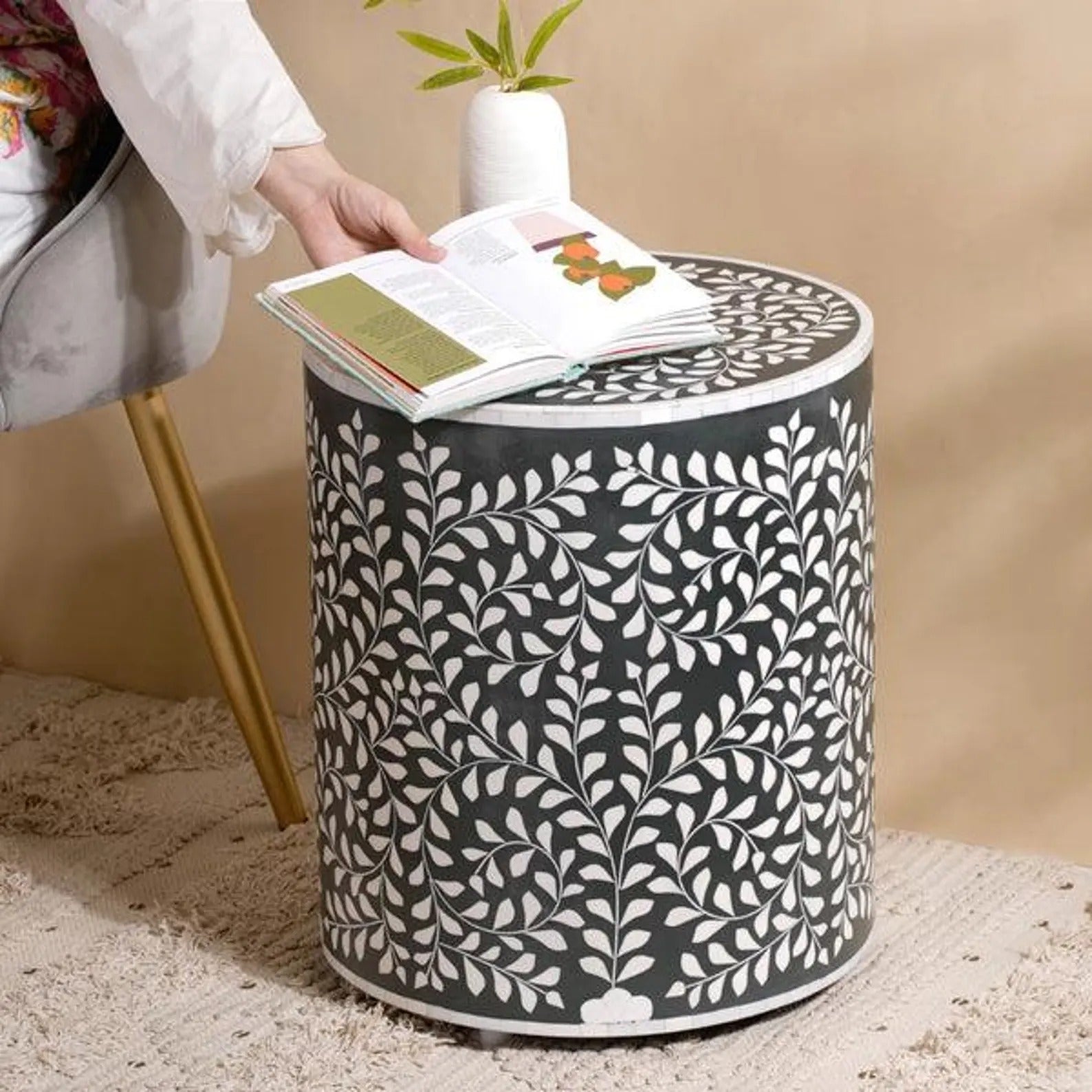 Handmade Bone Inlay Floral Resin End Table | Stylish Side Table | Decorative Furniture for Modern Homes