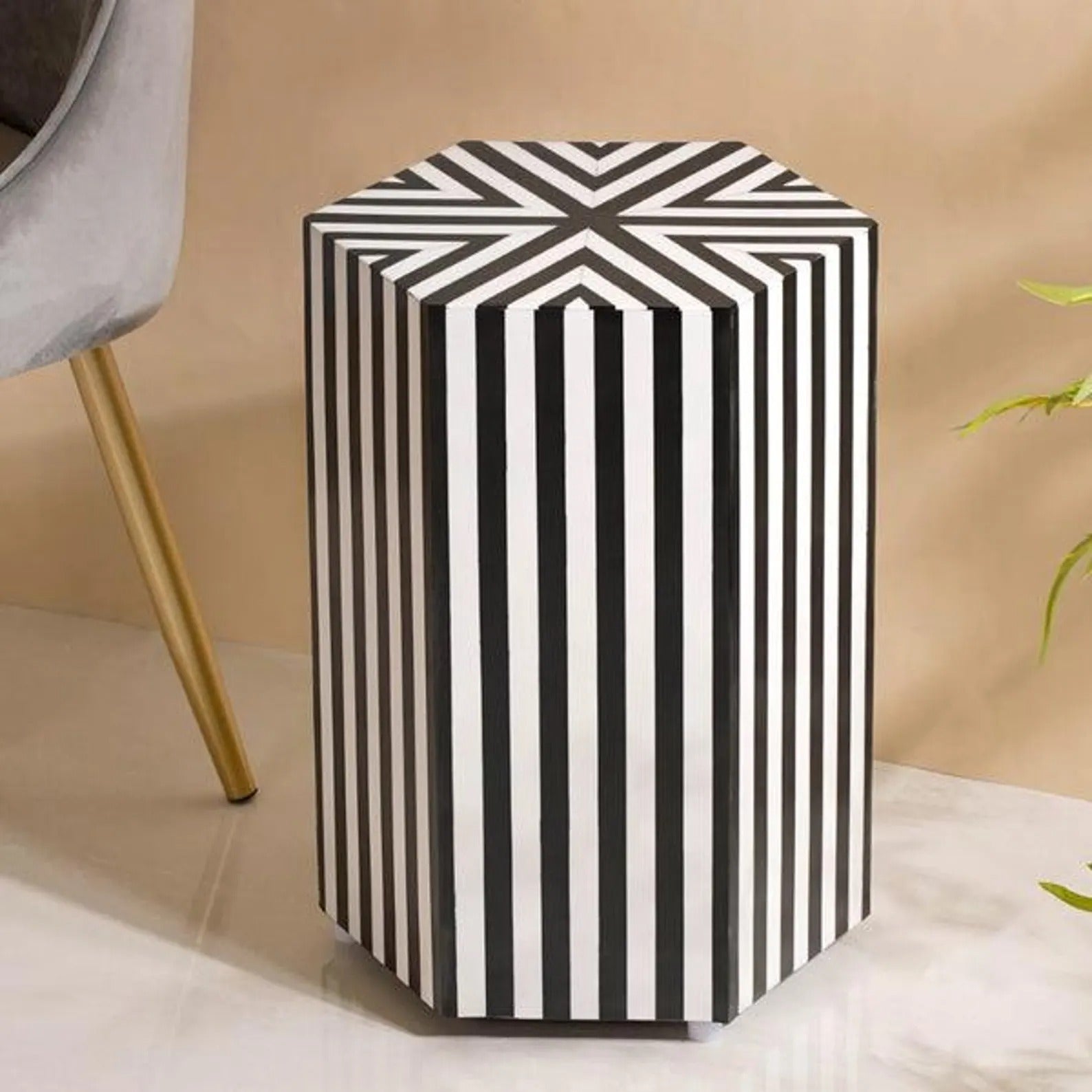 Handmade Resin Inlay End Table | Black & White Striped Accent Table | Stylish Decorative Furniture for Modern Homes