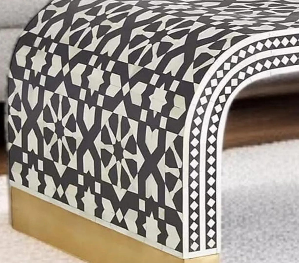 Bone Inlay U-Shape Coffee Table | Handmade Moroccan Geometric Resin Design | Elegant Designer Table for Home Décor
