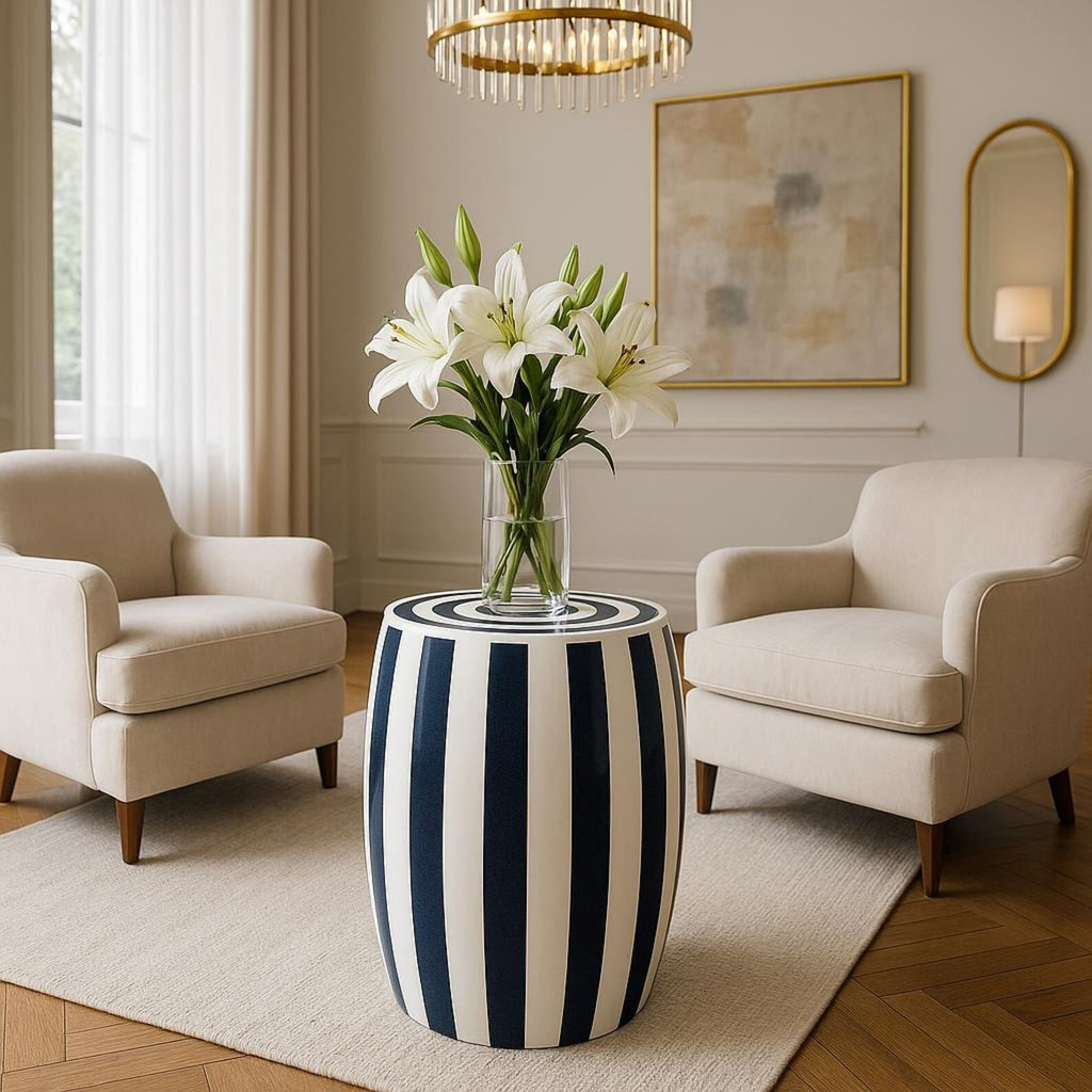 Blue & White Striped Resin End Table | Handmade Modern Accent Table | Stylish Decorative Furniture for Home Décor